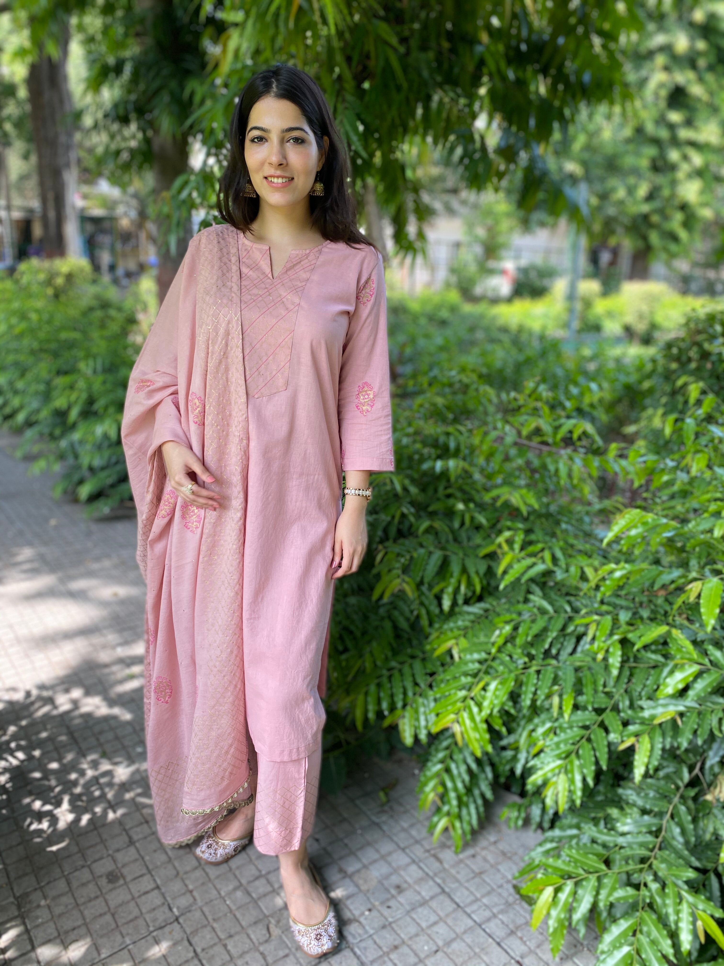 Pink handblock printed cotton set