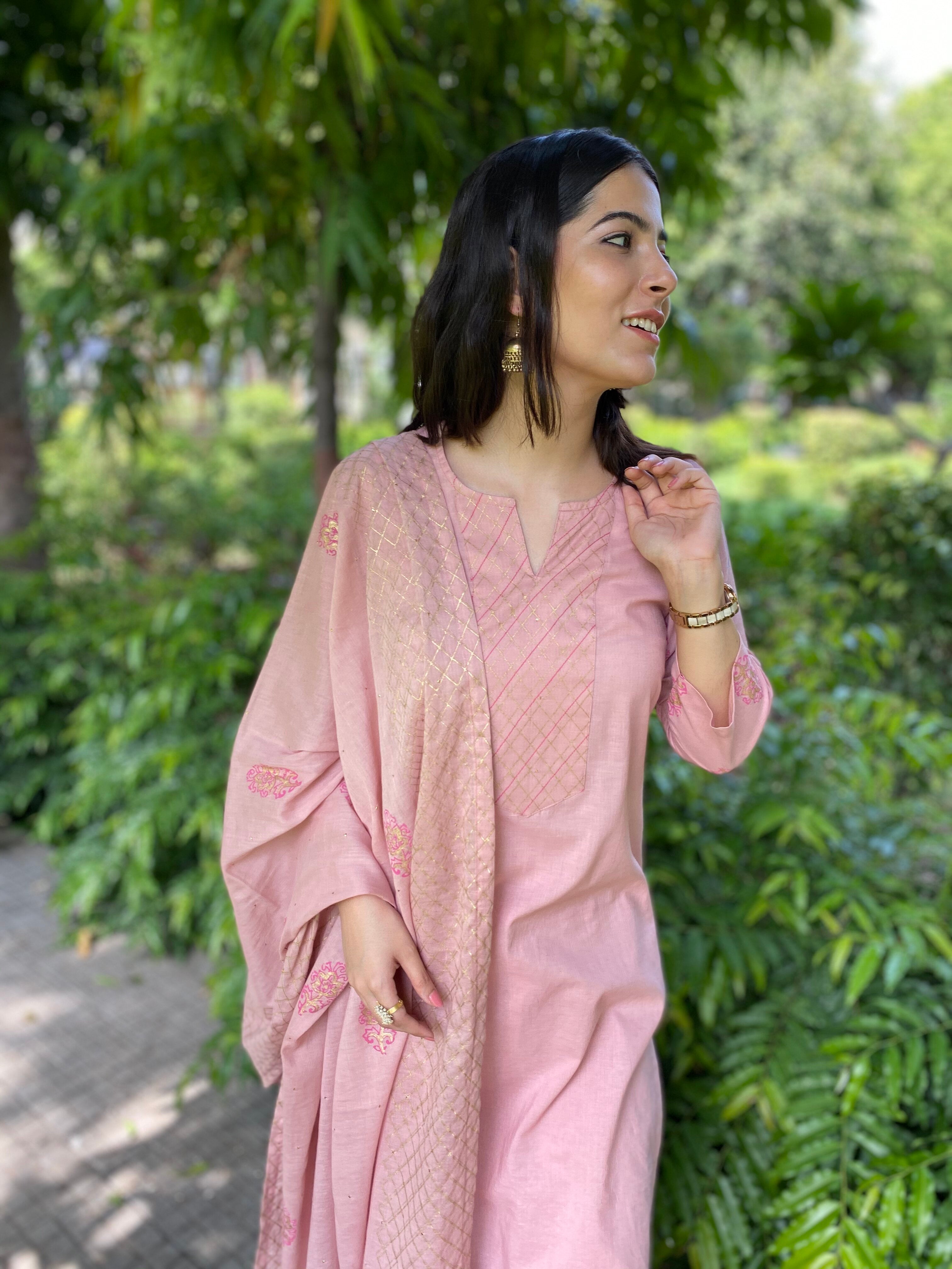 Pink handblock printed cotton set