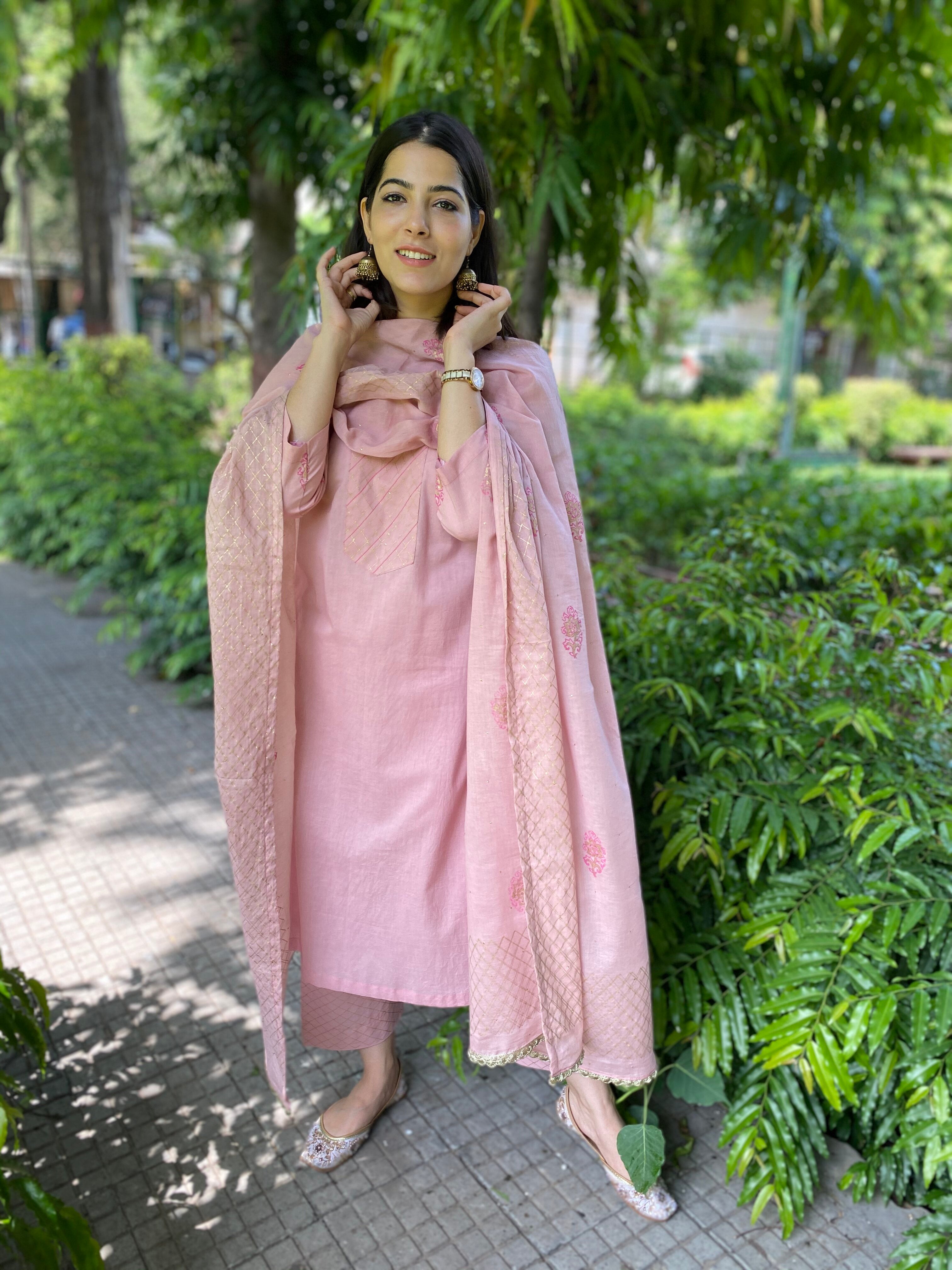 Pink handblock printed cotton set