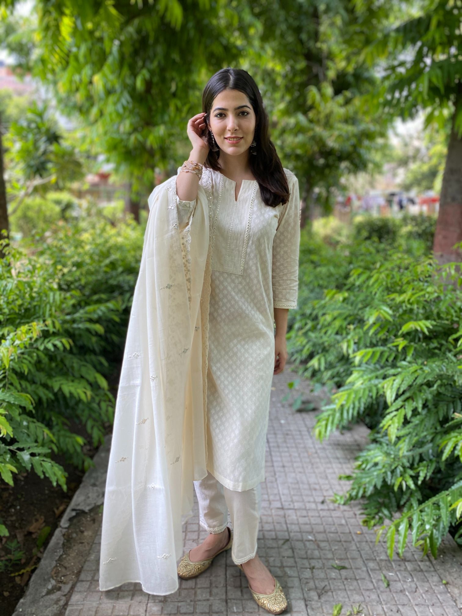 Off white cotton set with mirror work mul dupatta