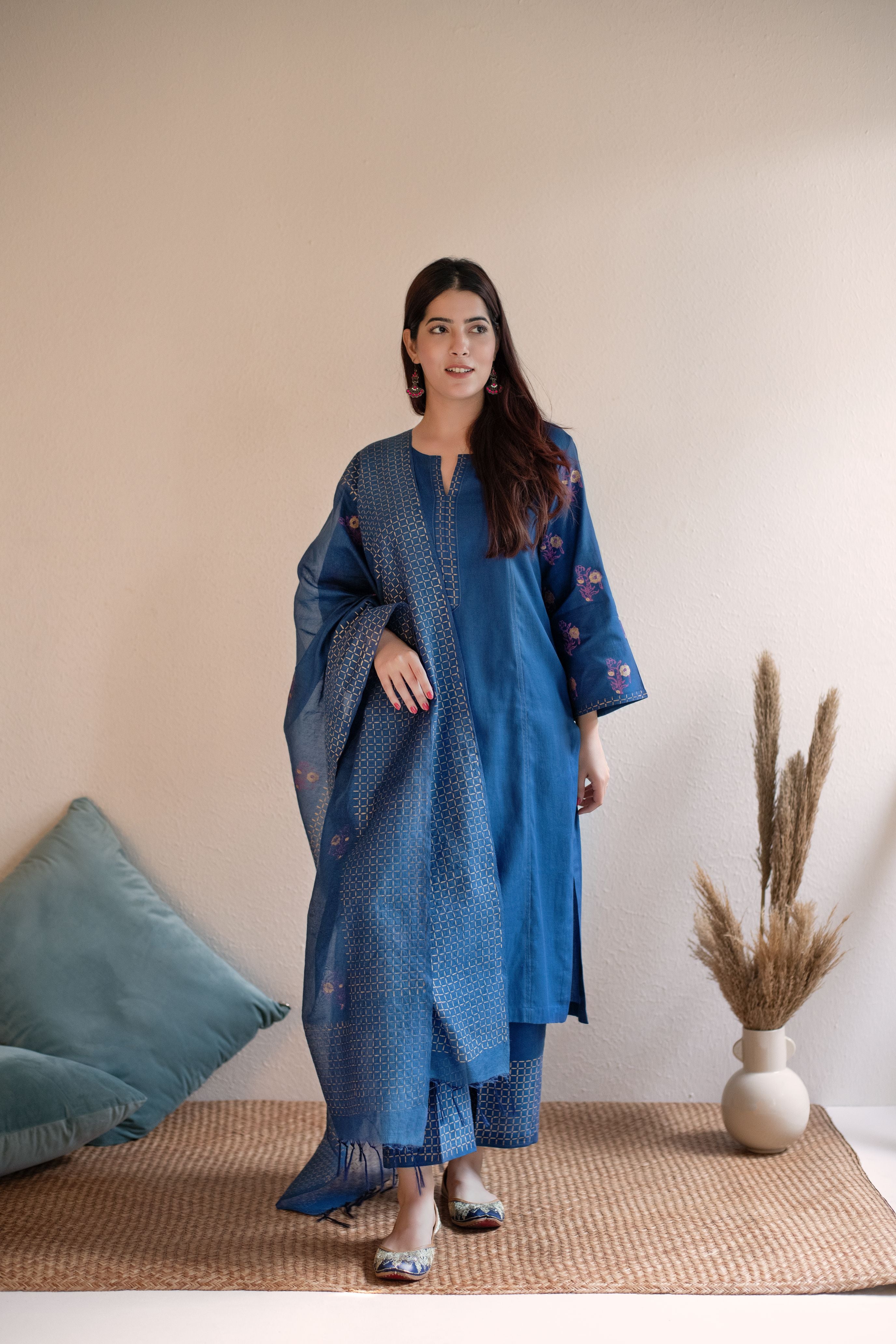 Persian blue block printed chanderi dupatta set