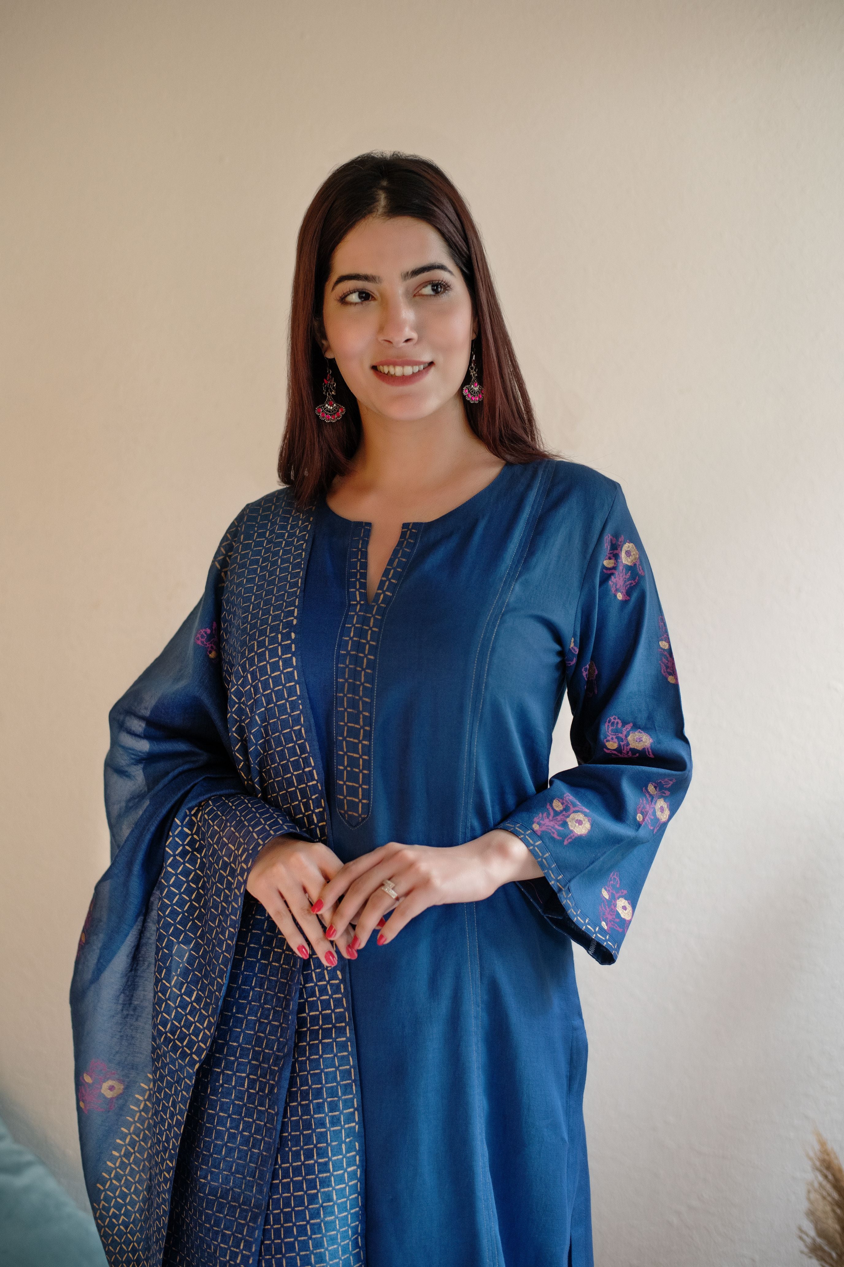 Persian blue block printed chanderi dupatta set