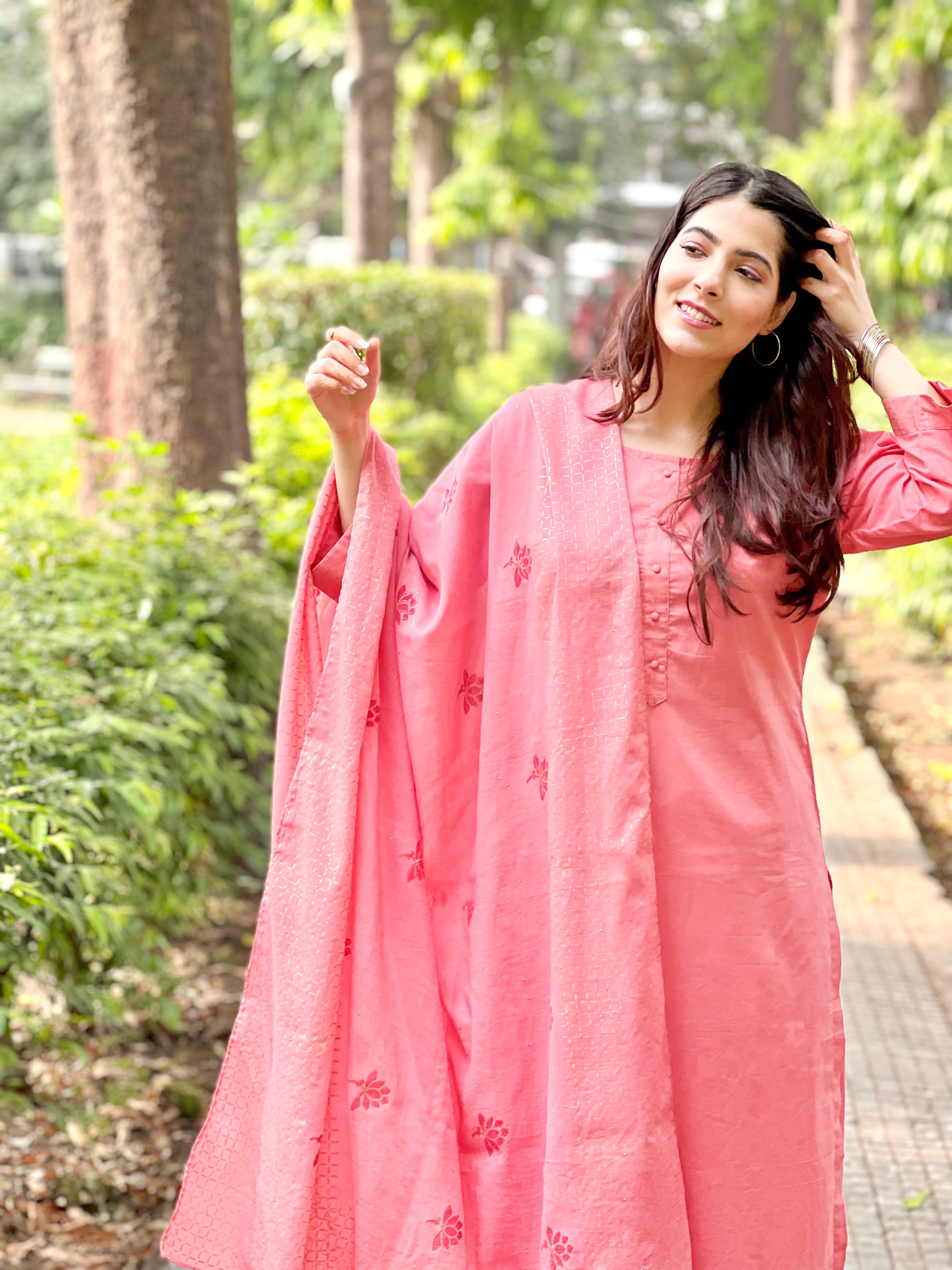 Peach block printed cotton set