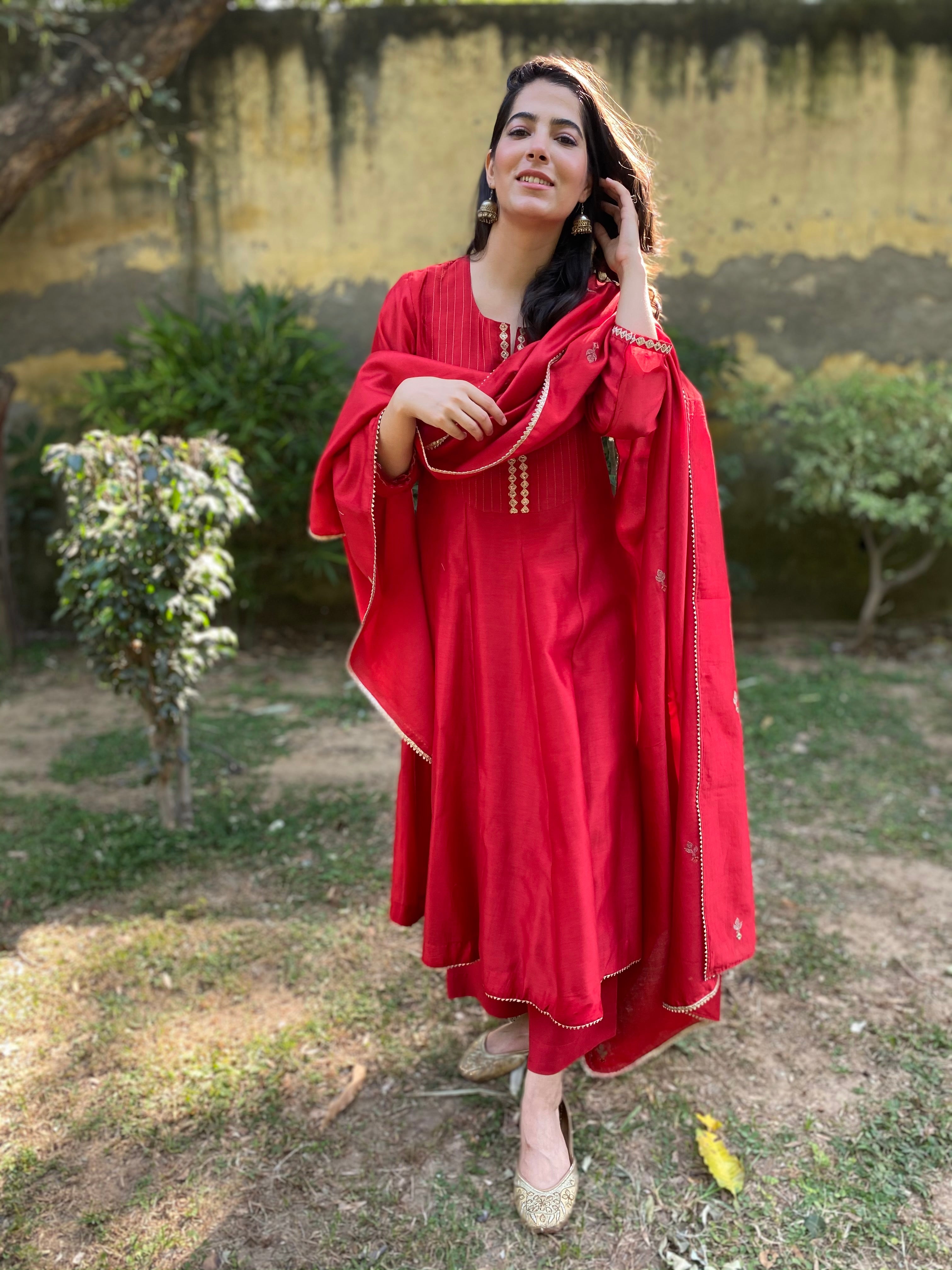 Red chanderi anarkali set