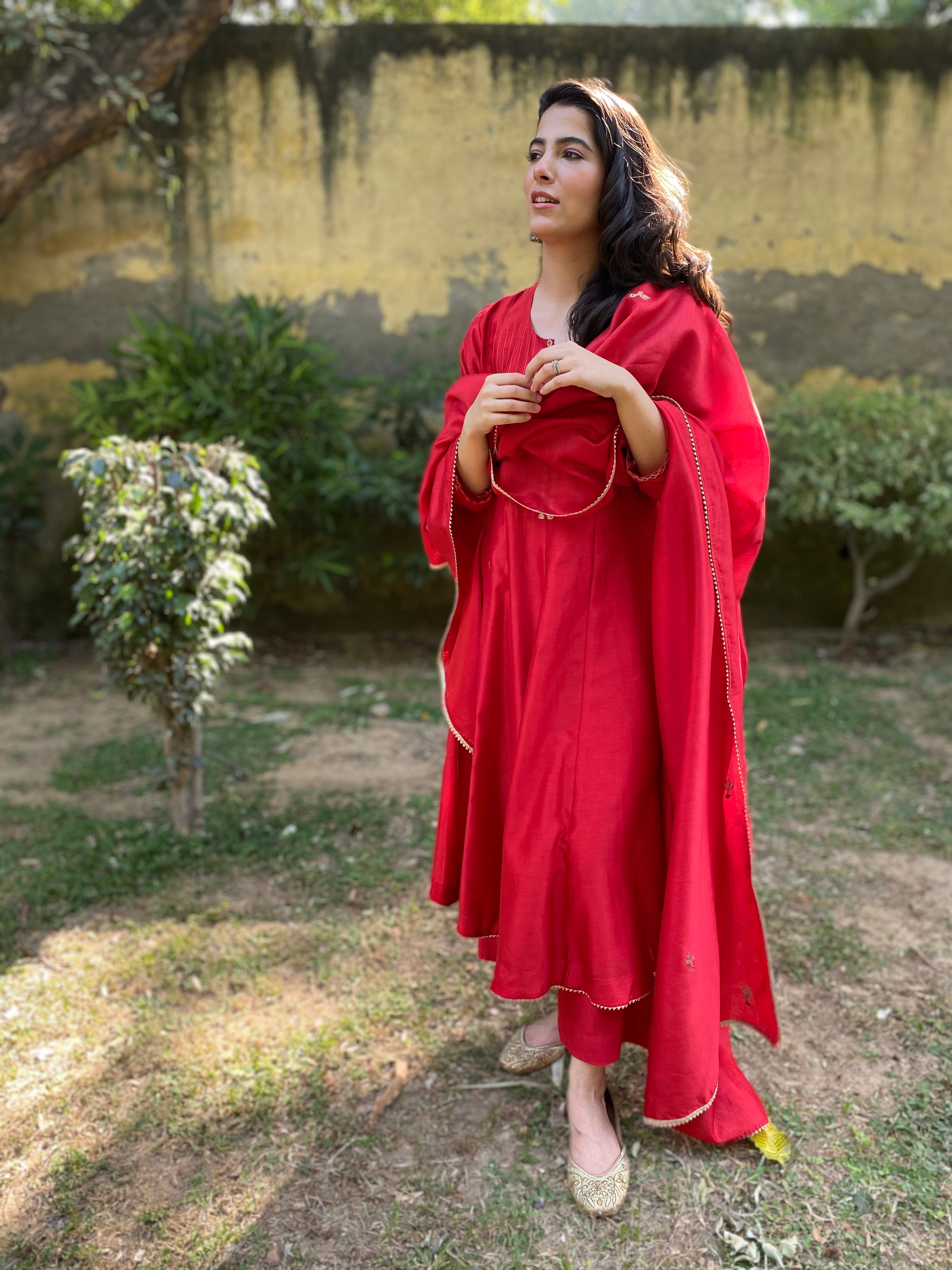 Red chanderi anarkali set