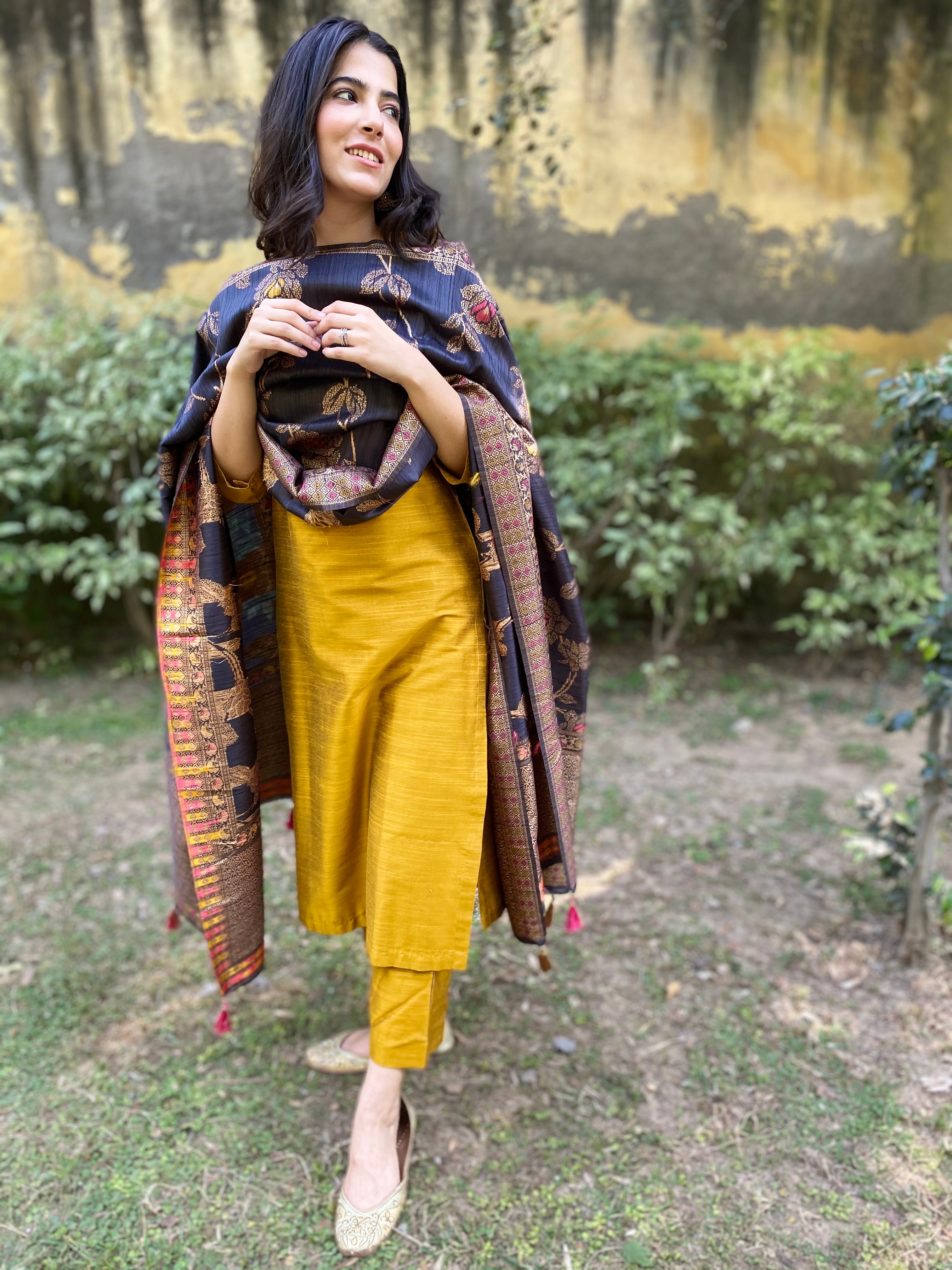 Mustard yellow cotton silk set with a chanderi banarasi dupatta