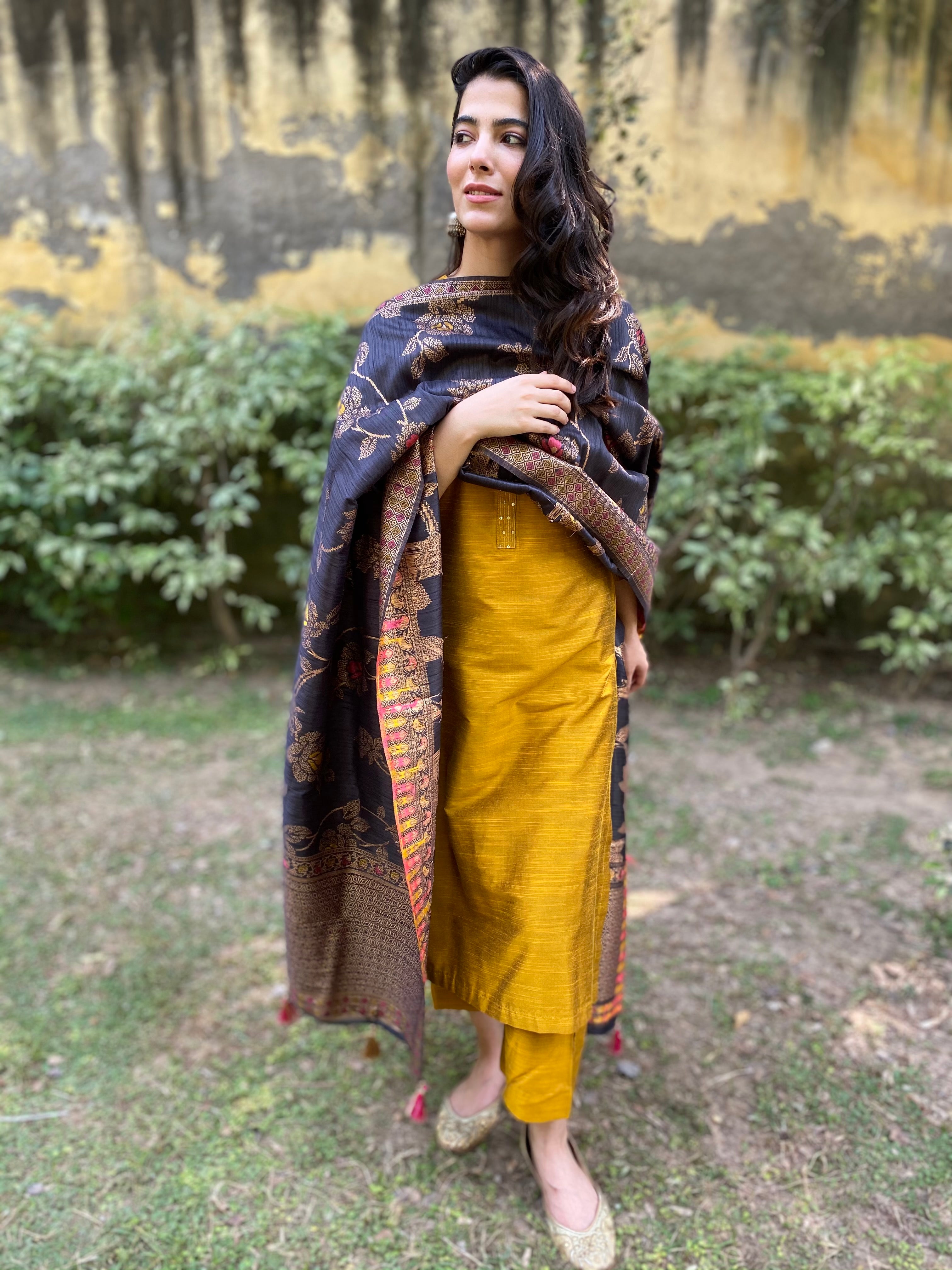 Mustard yellow cotton silk set with a chanderi banarasi dupatta