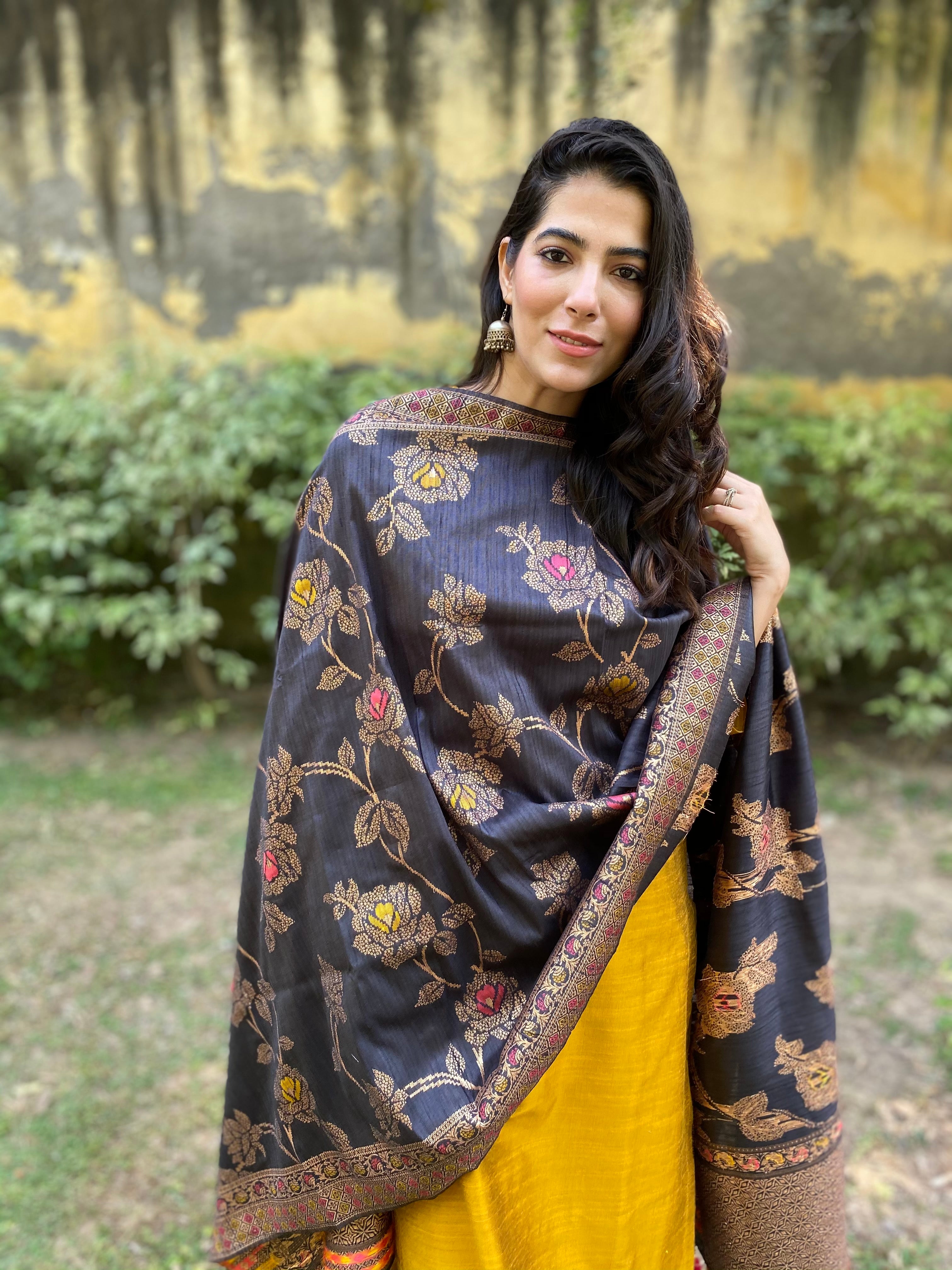 Mustard yellow cotton silk set with a chanderi banarasi dupatta