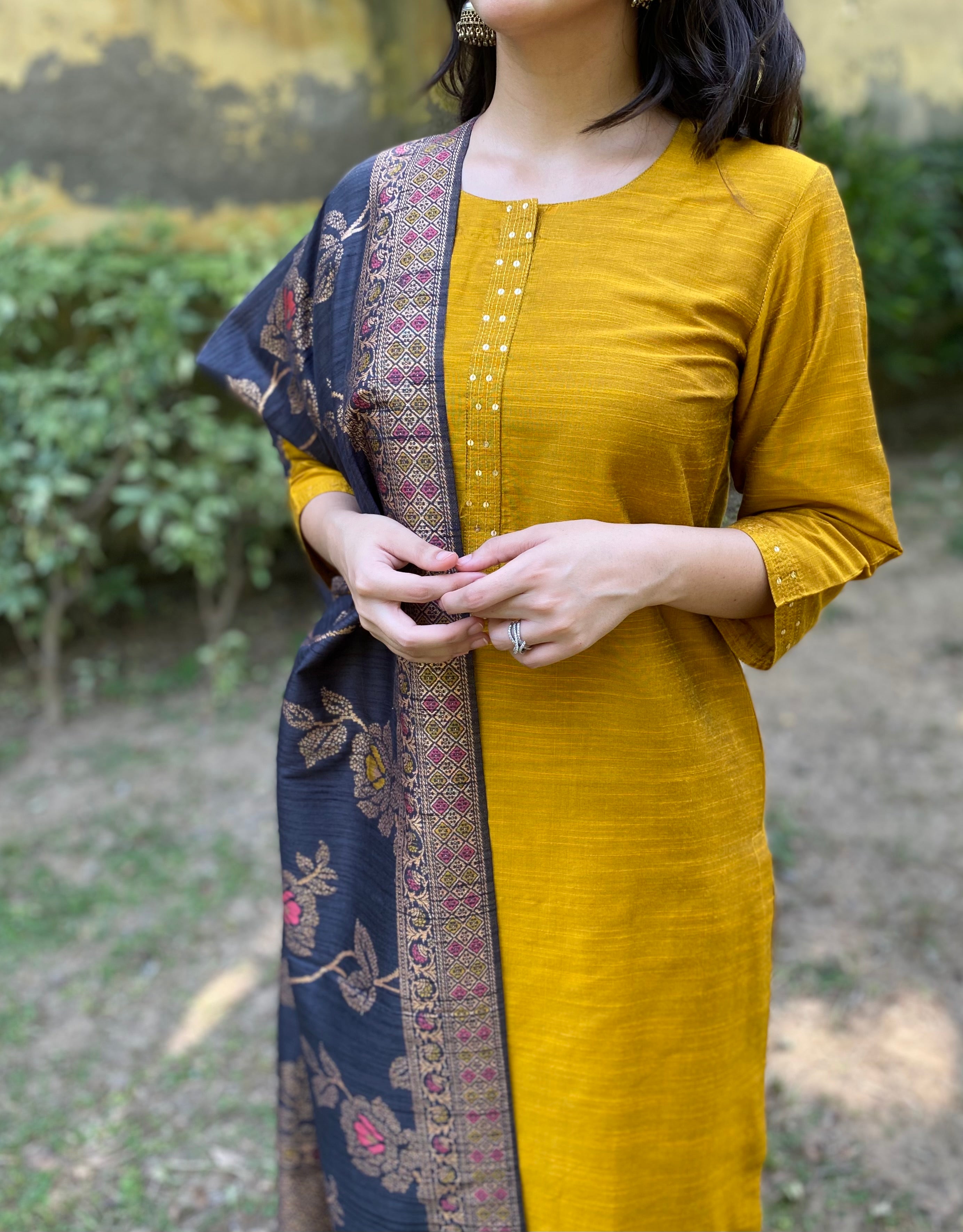Mustard yellow cotton silk set with a chanderi banarasi dupatta