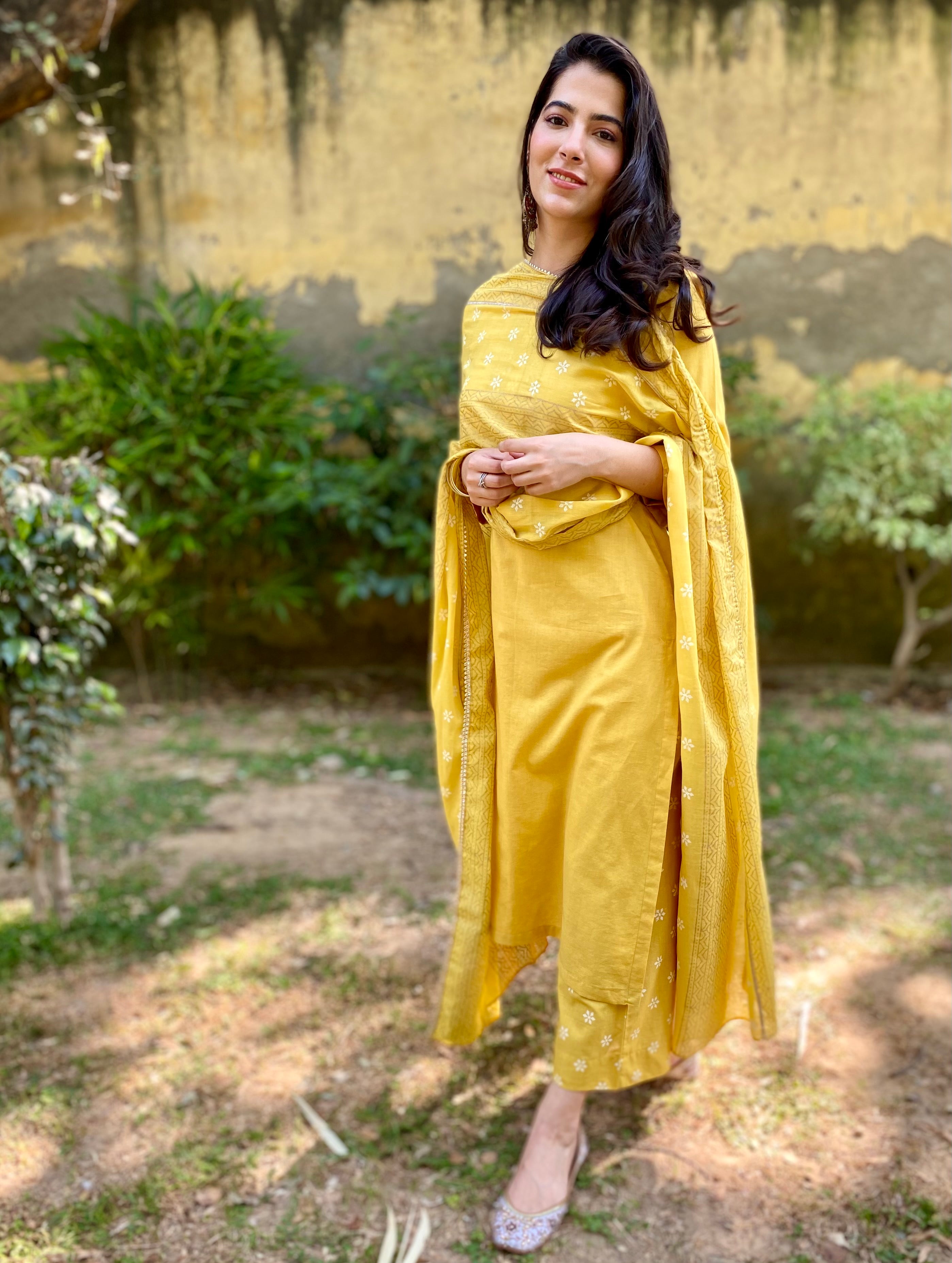 Canary yellow block printed set