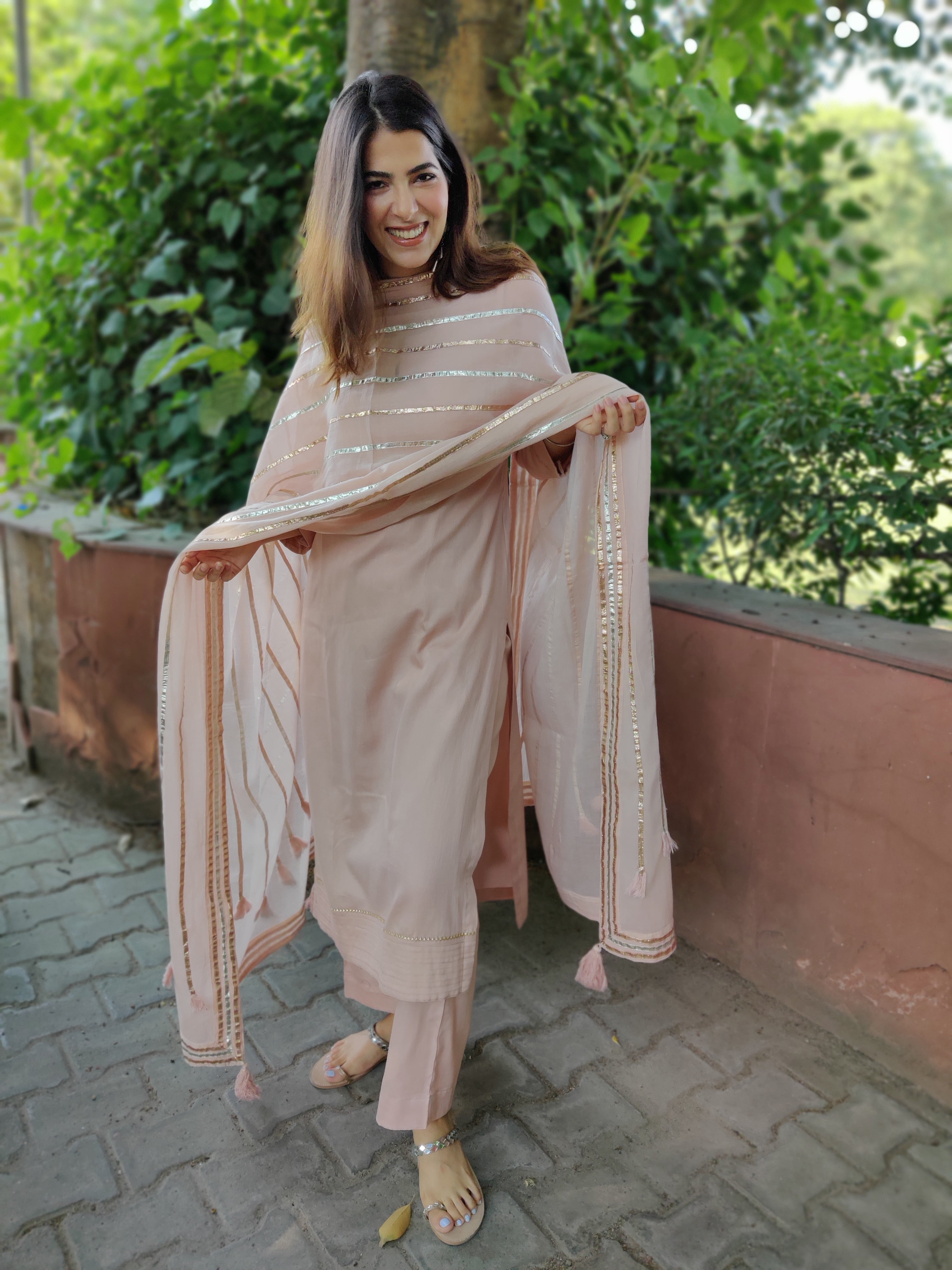 Nude pink cotton gota dupatta set