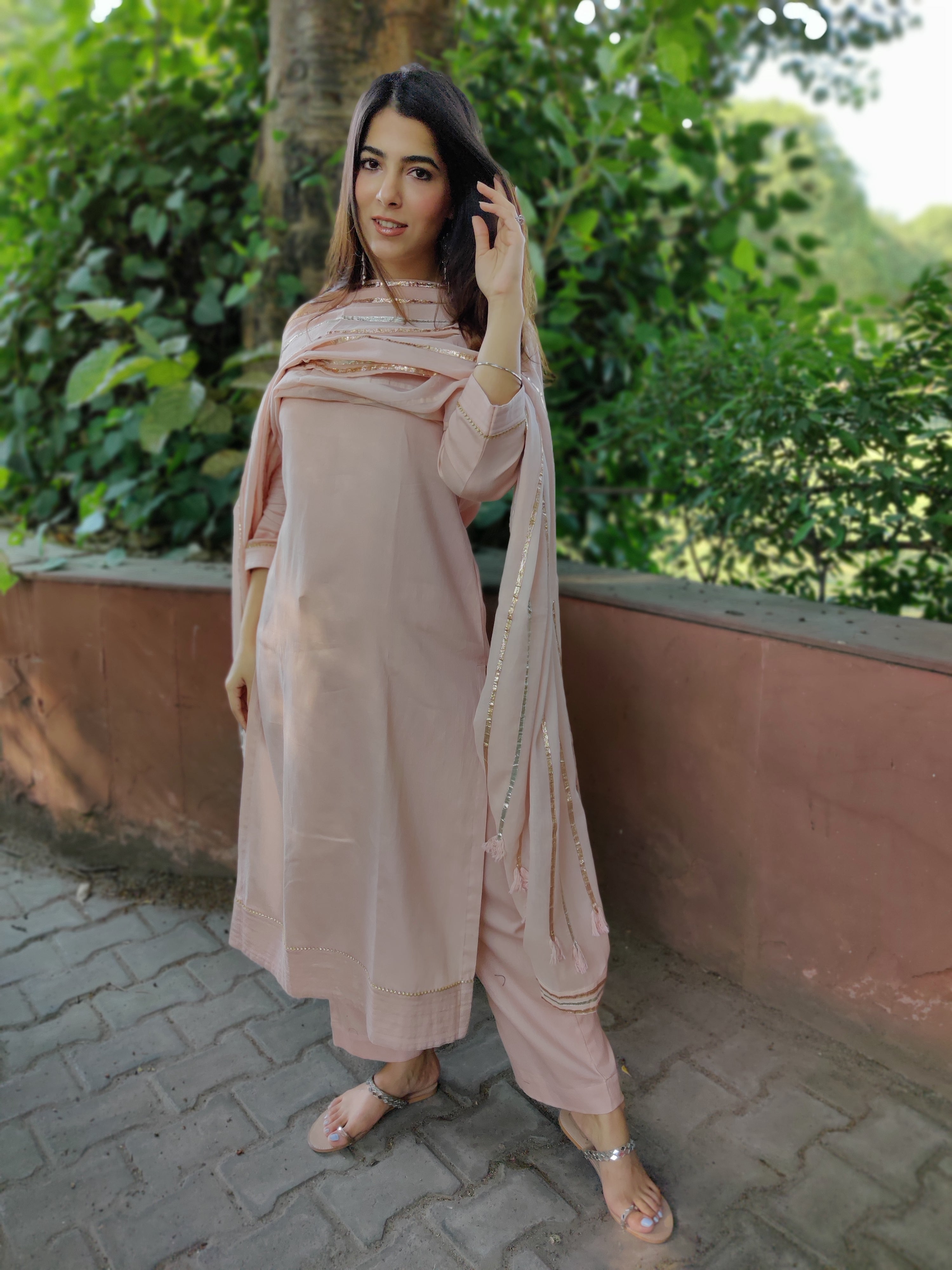Nude pink cotton gota dupatta set