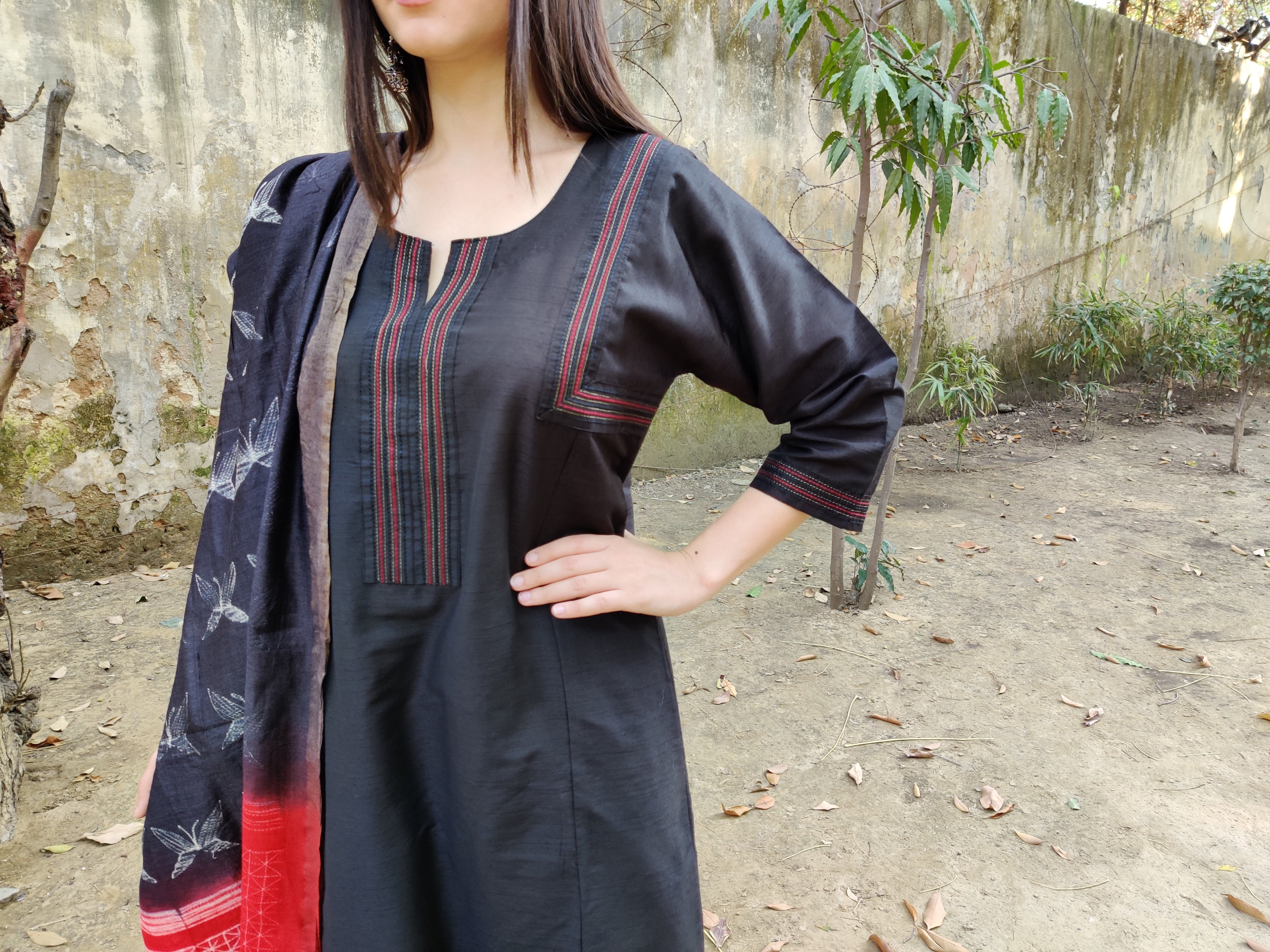 Black cotton silk set with moga silk dupatta