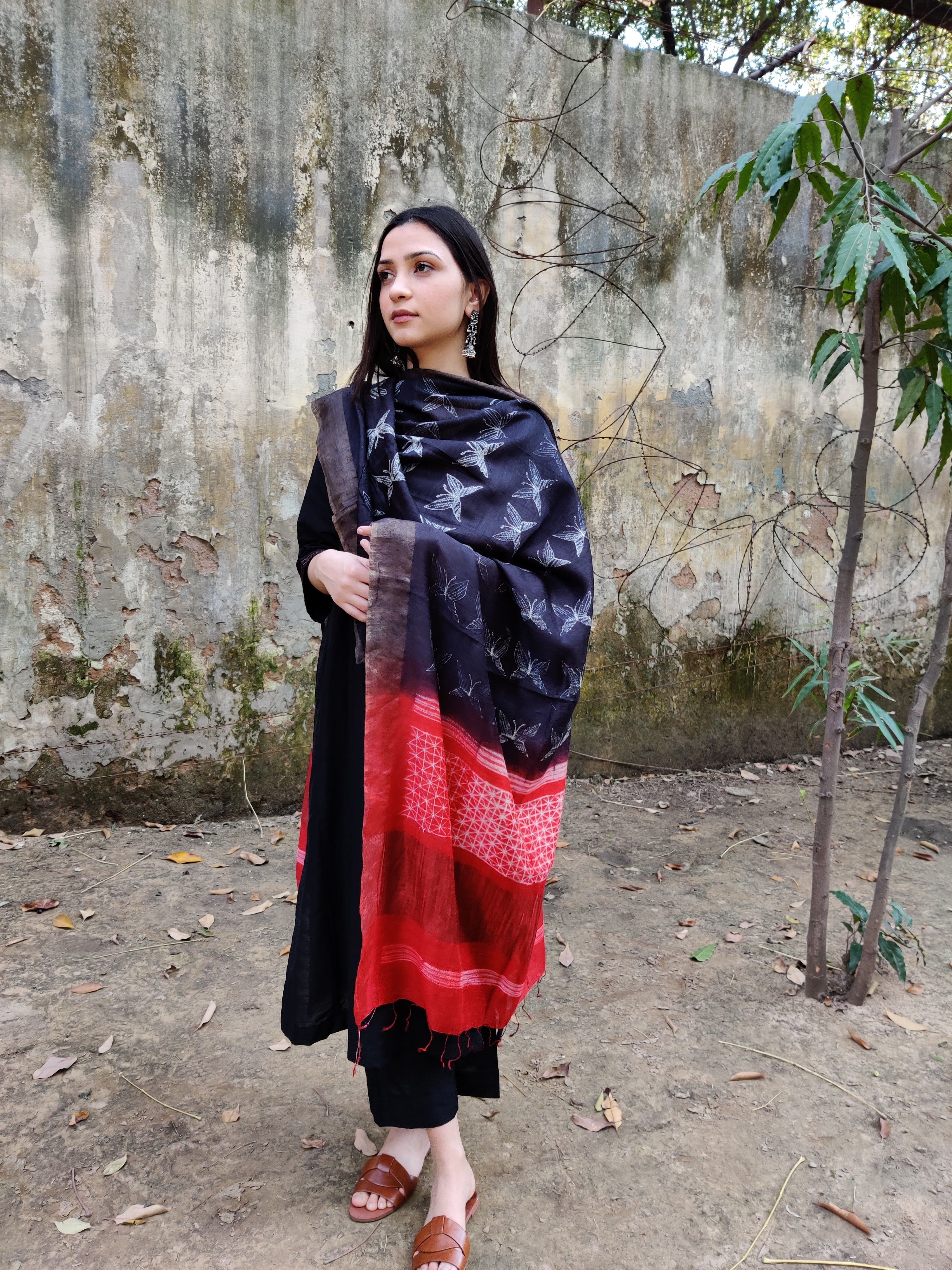 Black cotton silk set with moga silk dupatta