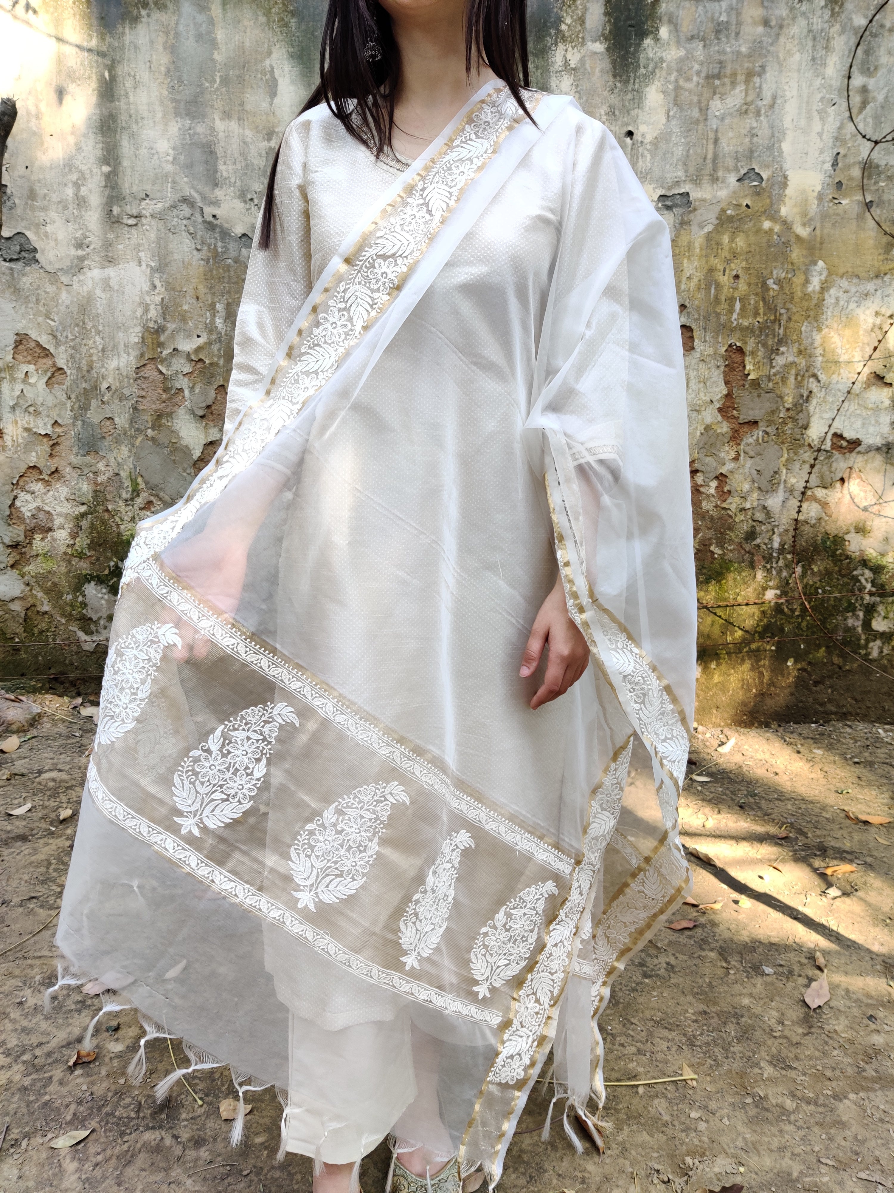 Ivory cotton silk organza dupatta set