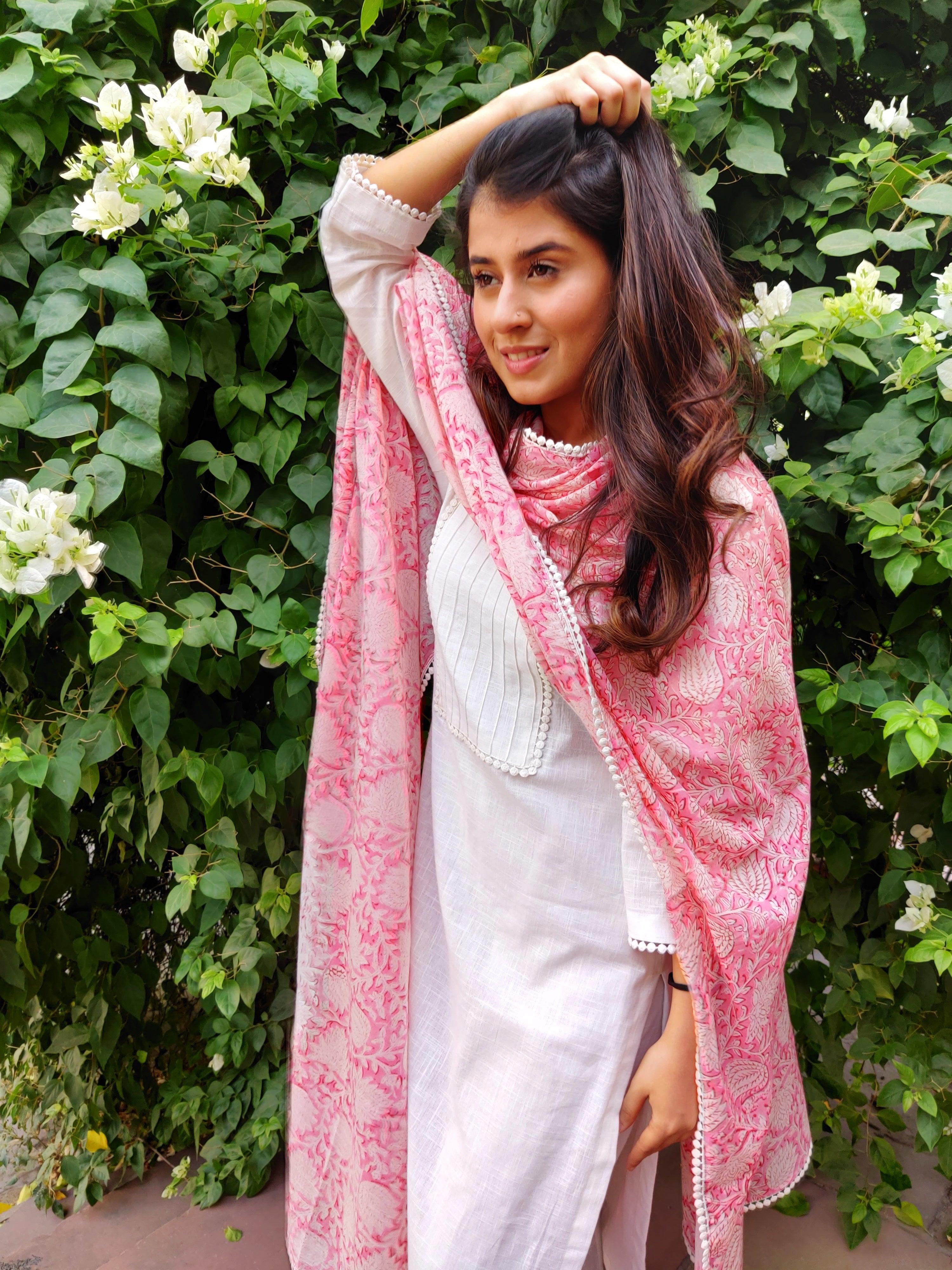 White linen set with blockprint dupatta