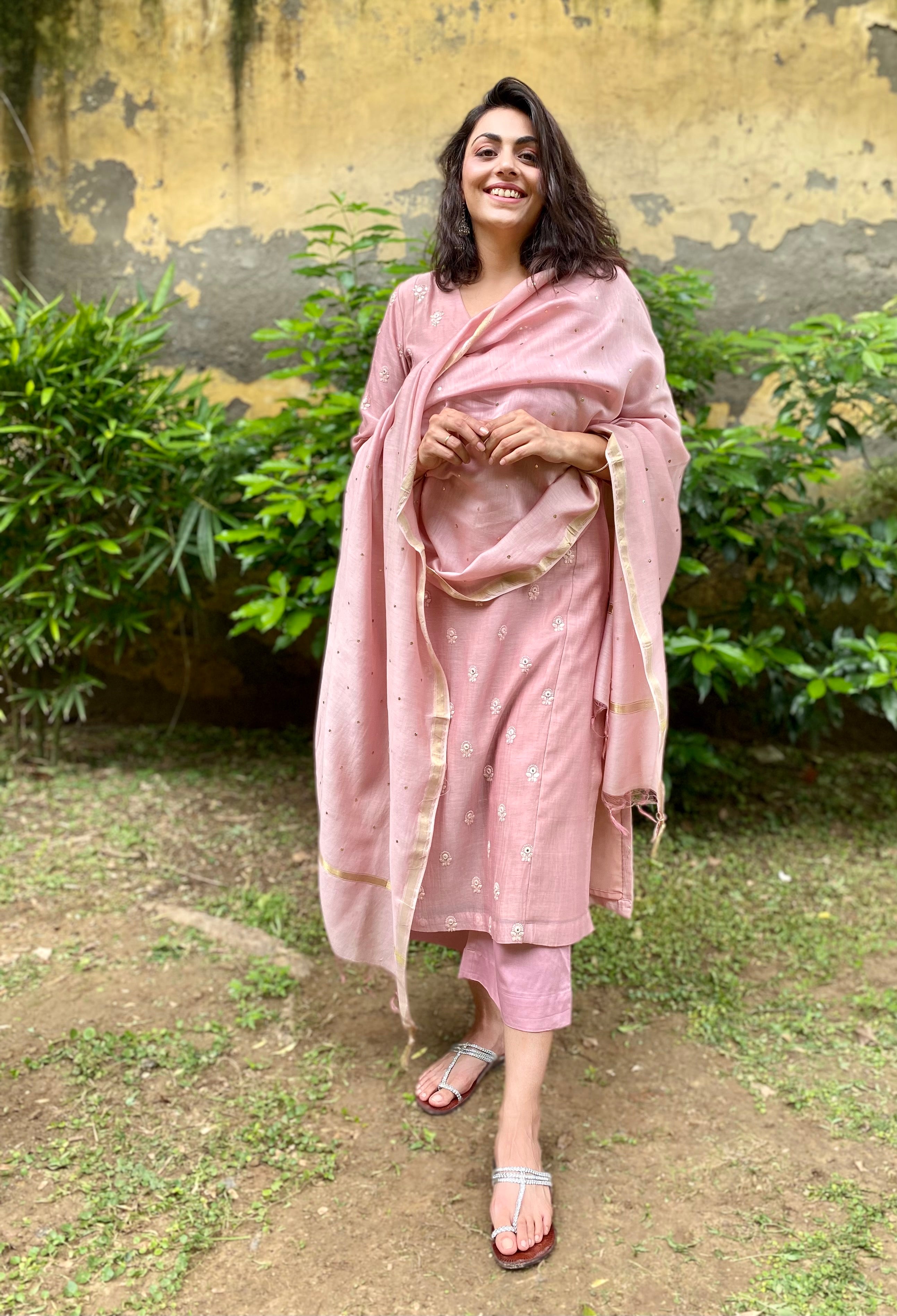 Earthy pink embroidered chanderi set
