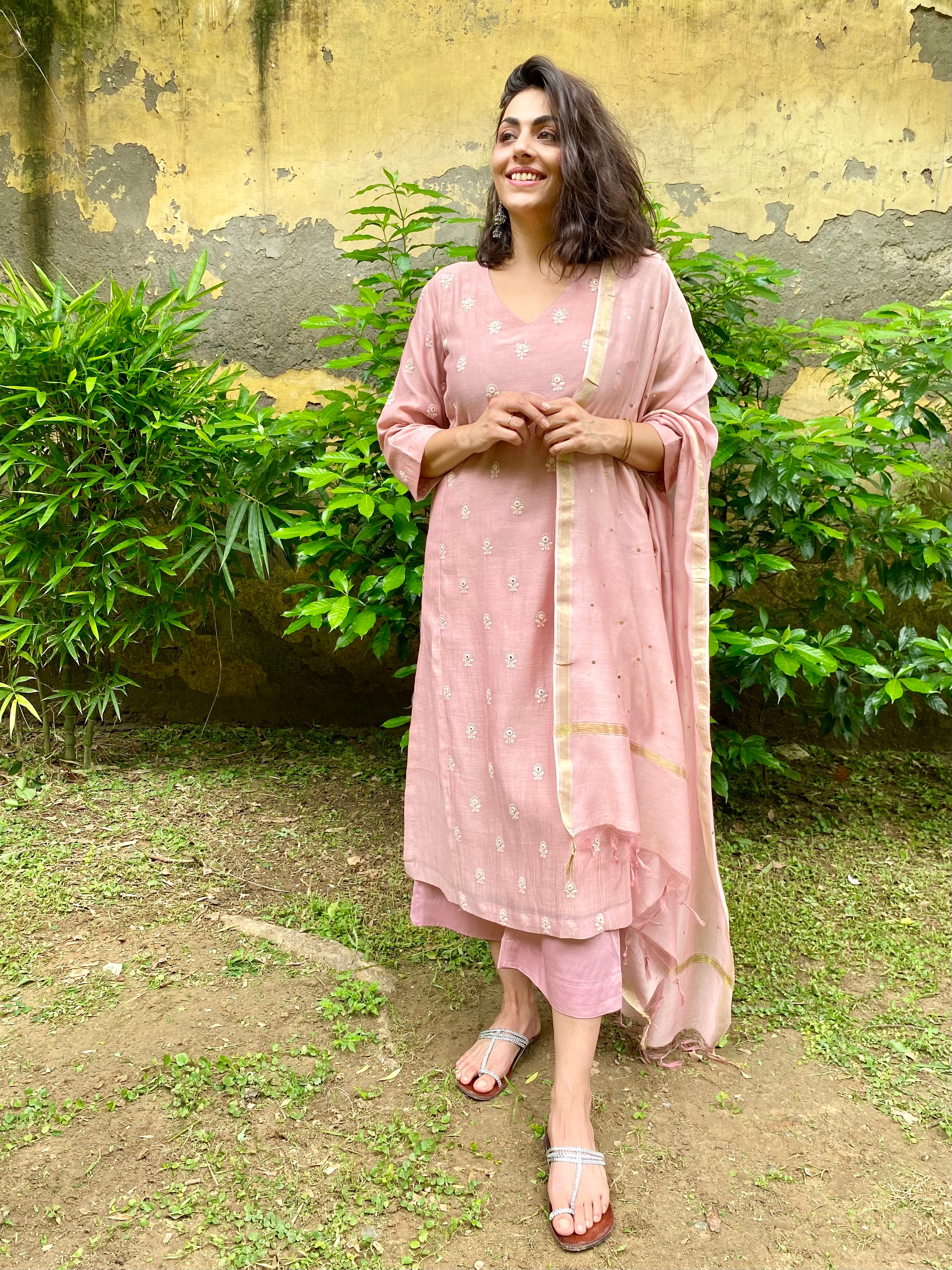 Earthy pink embroidered chanderi set