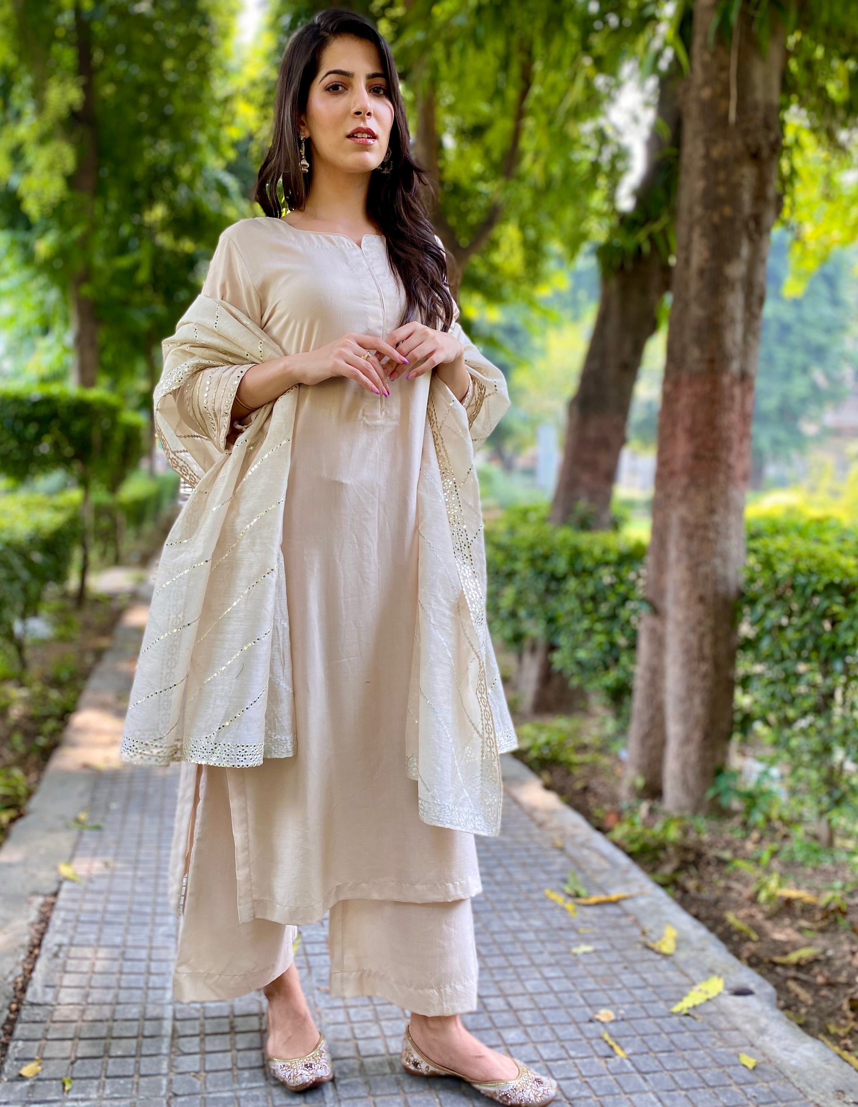 Fawn mirror work chanderi dupatta set