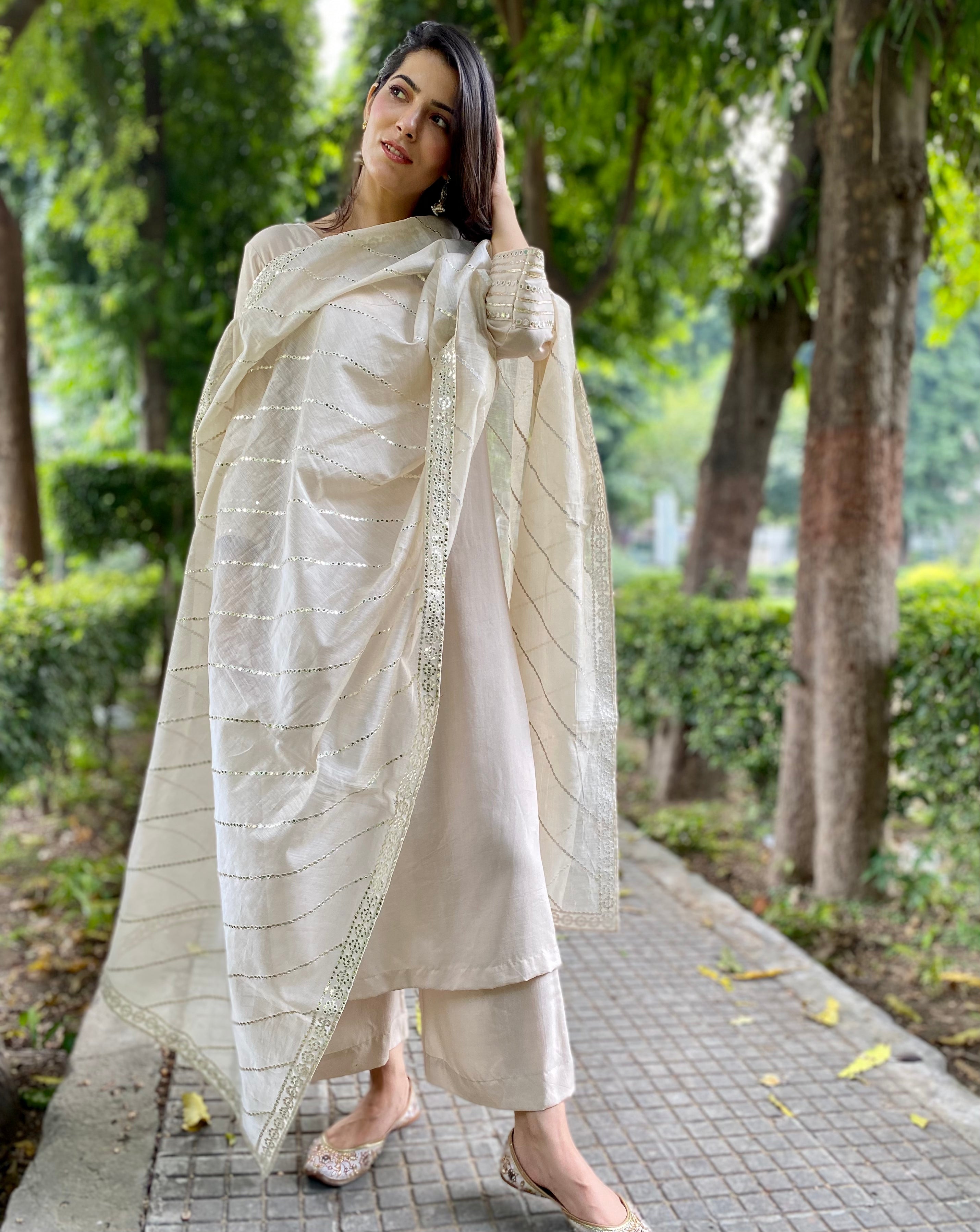 Fawn mirror work chanderi dupatta set