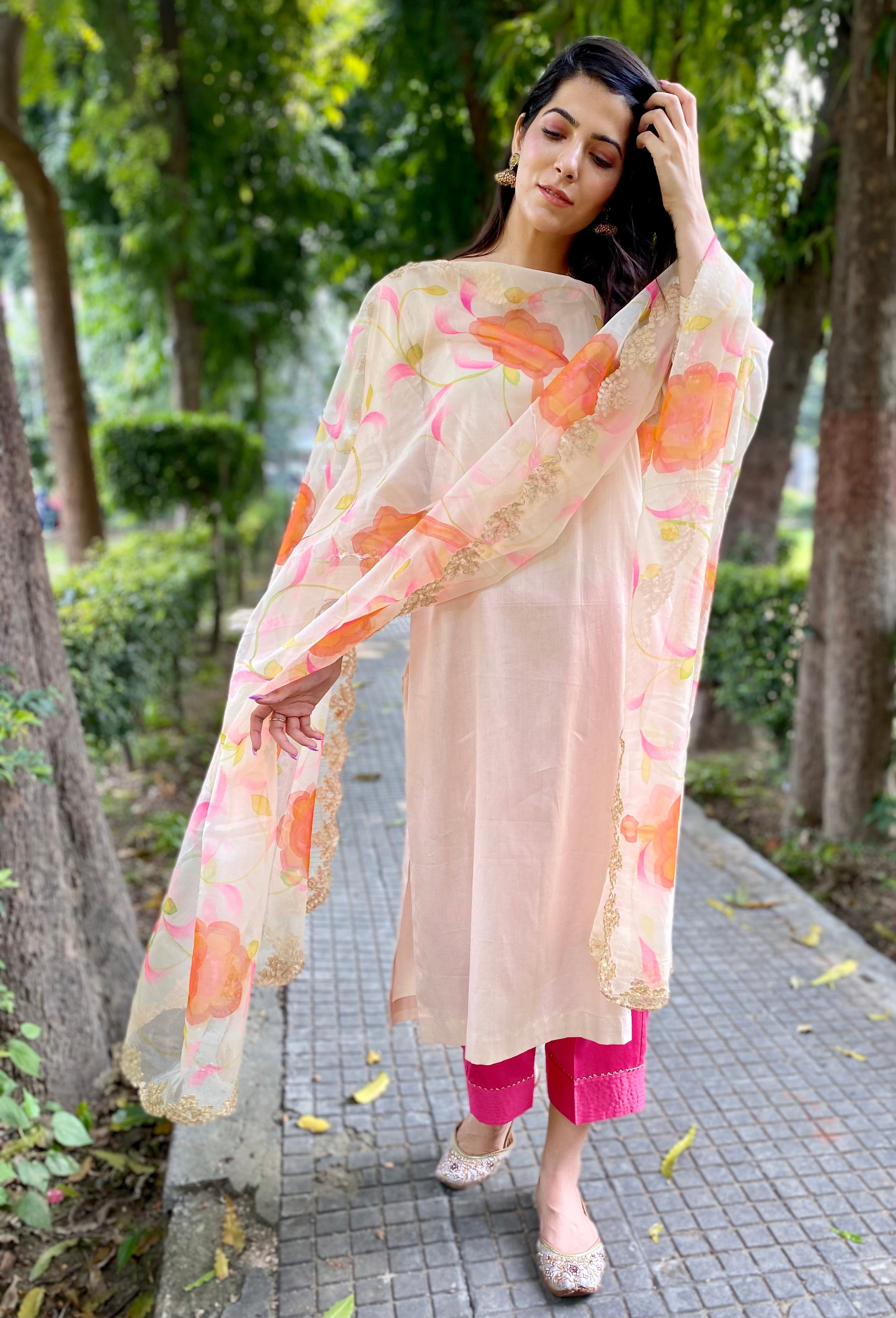 Beige Cotton Satin Kurta And Pants With Hand Painted Dupatta