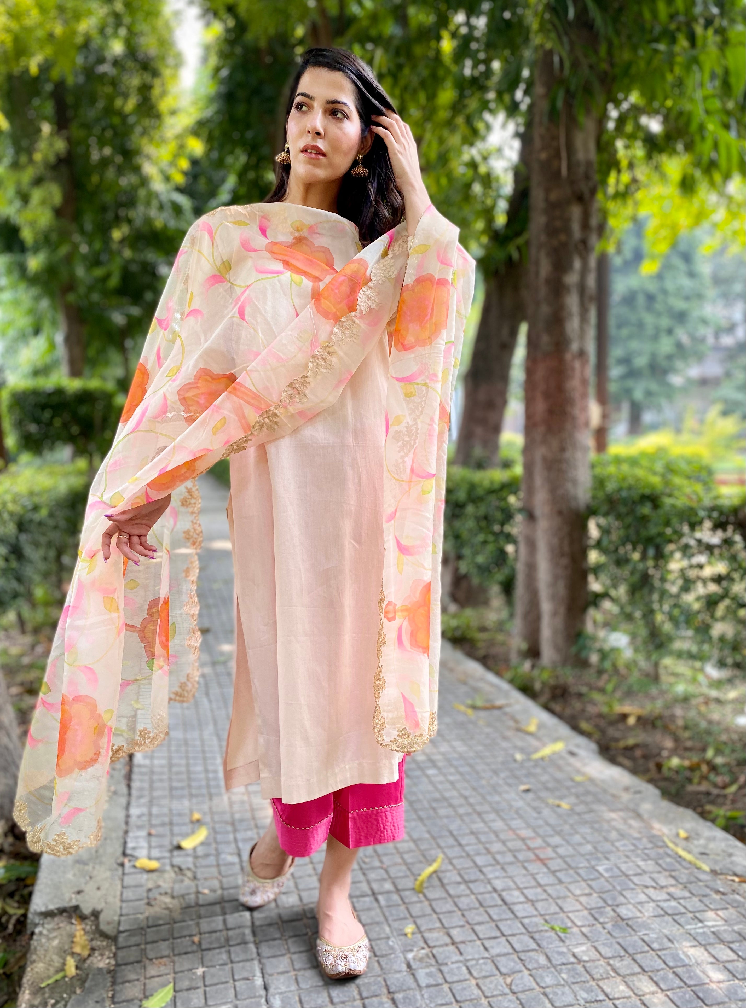 Beige Cotton Satin Kurta And Pants With Hand Painted Dupatta