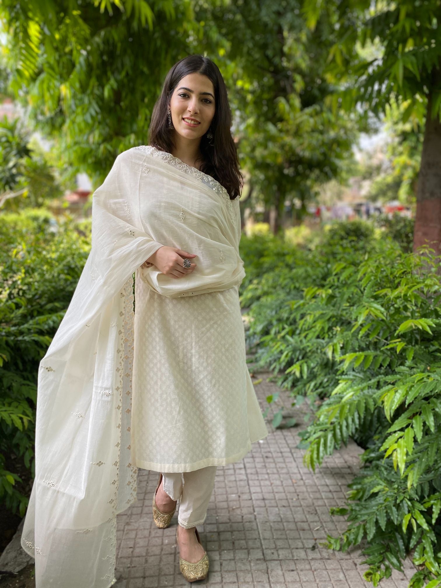 Off white cotton set with mirror work mul dupatta