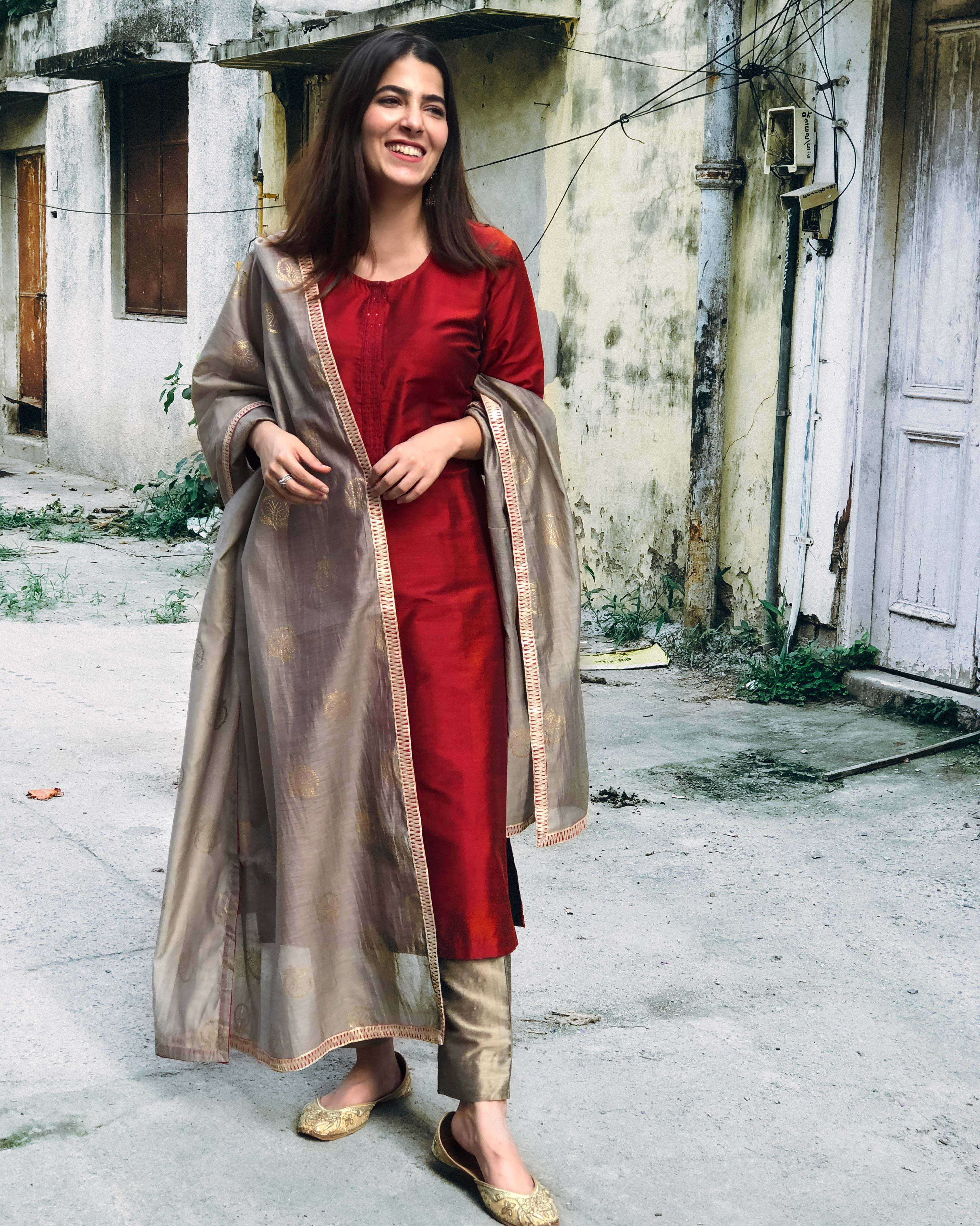Maroon cotton silk block printed dupatta set