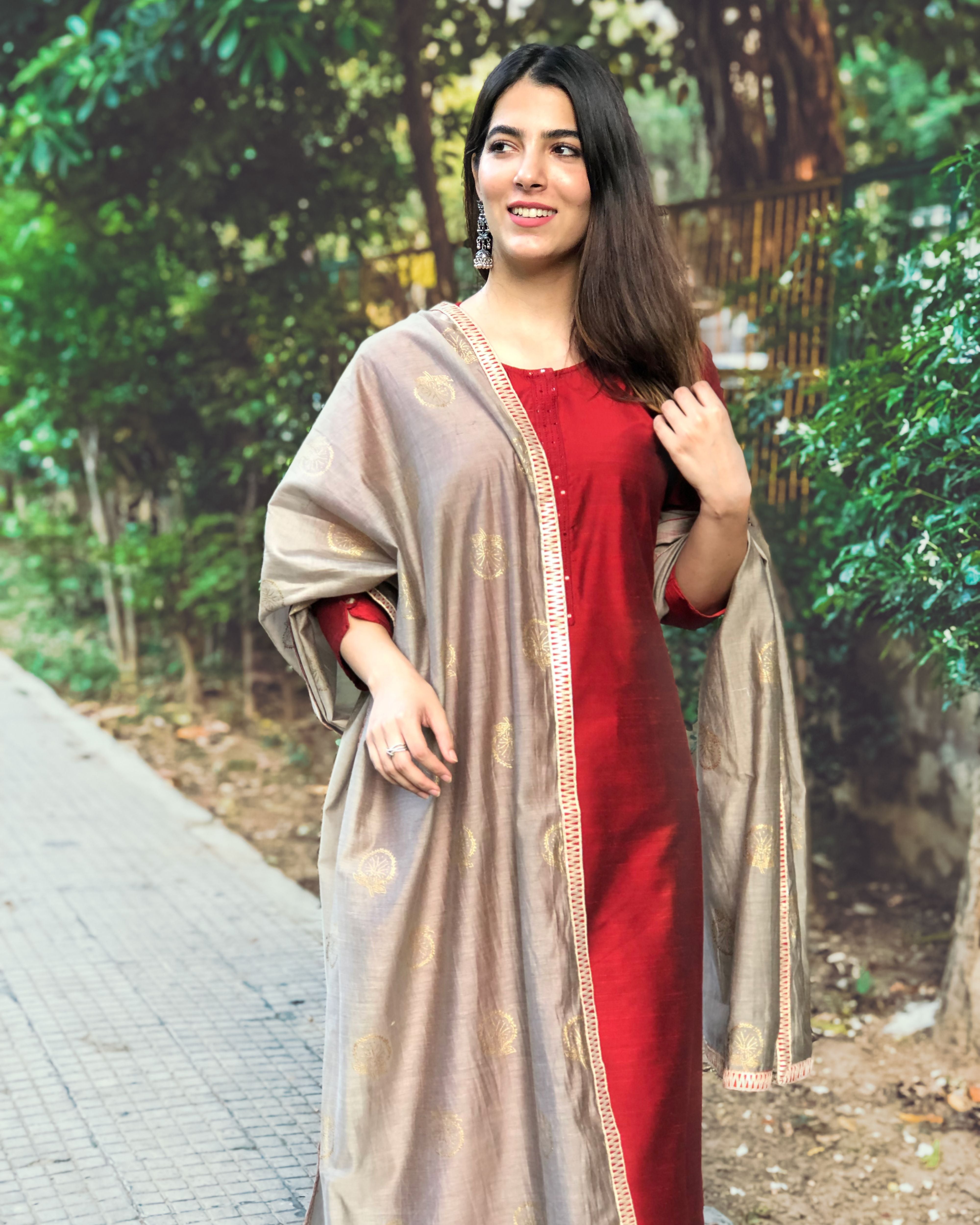 Maroon cotton silk block printed dupatta set