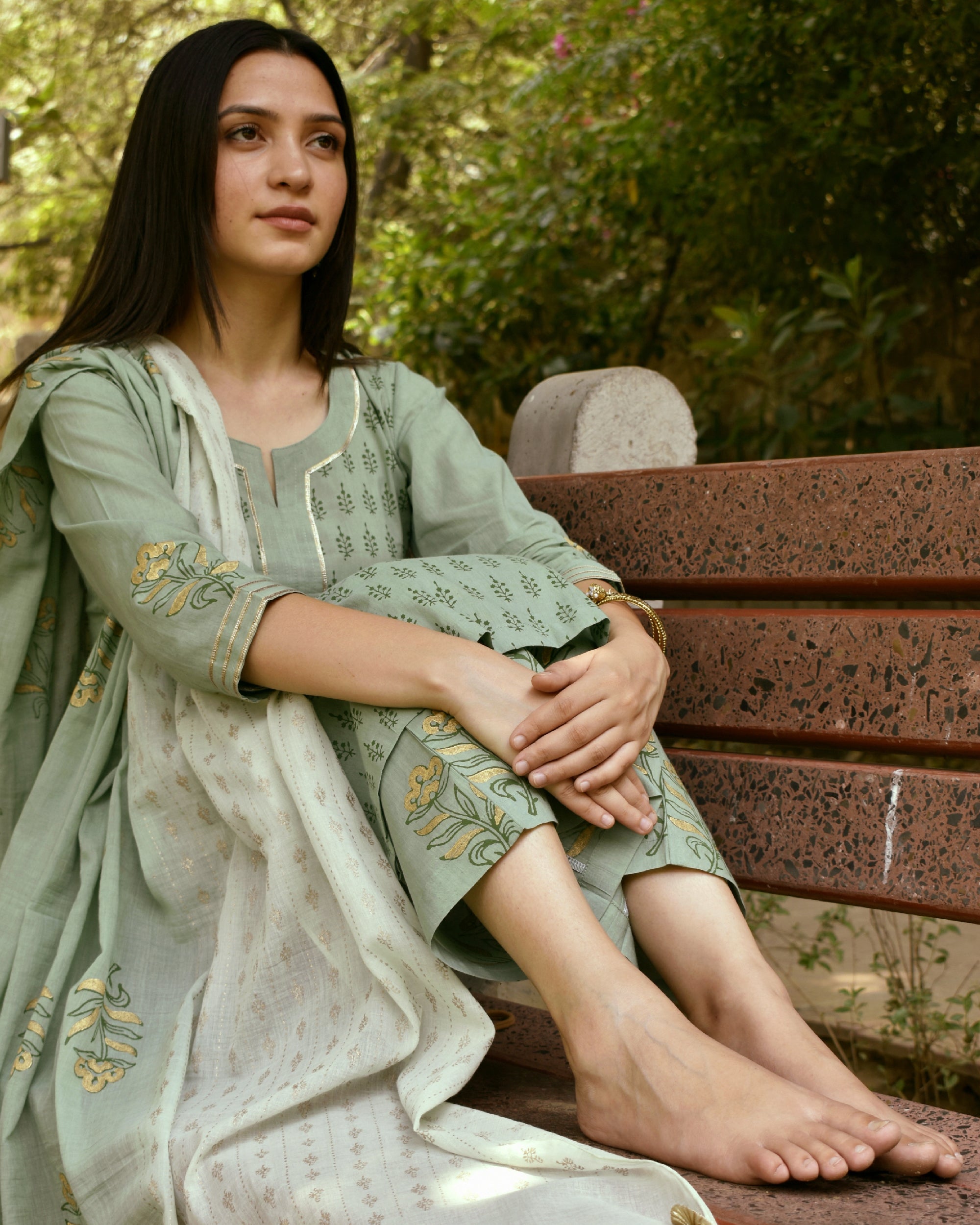 Mint green and sage block printed cotton set