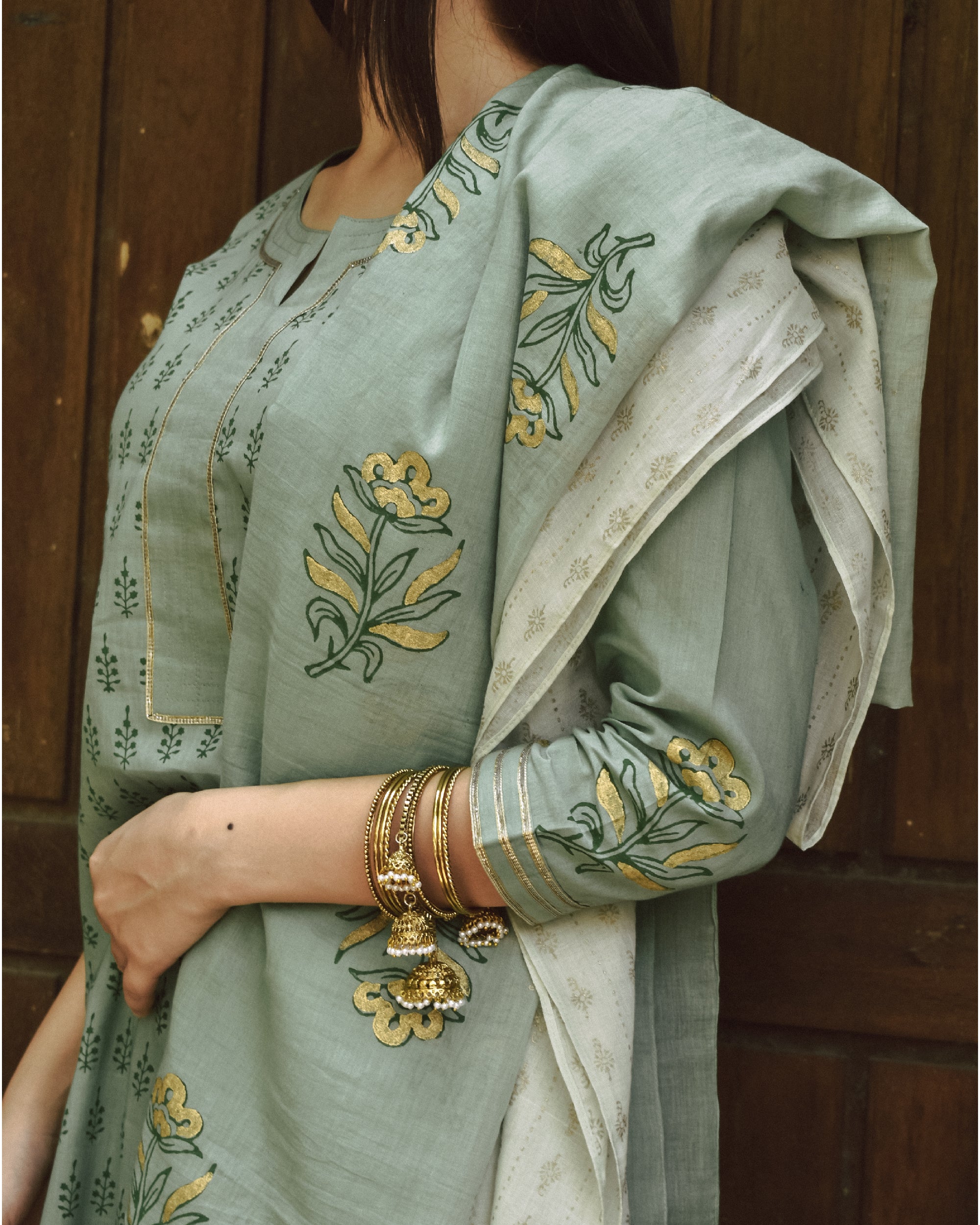 Mint green and sage block printed cotton set