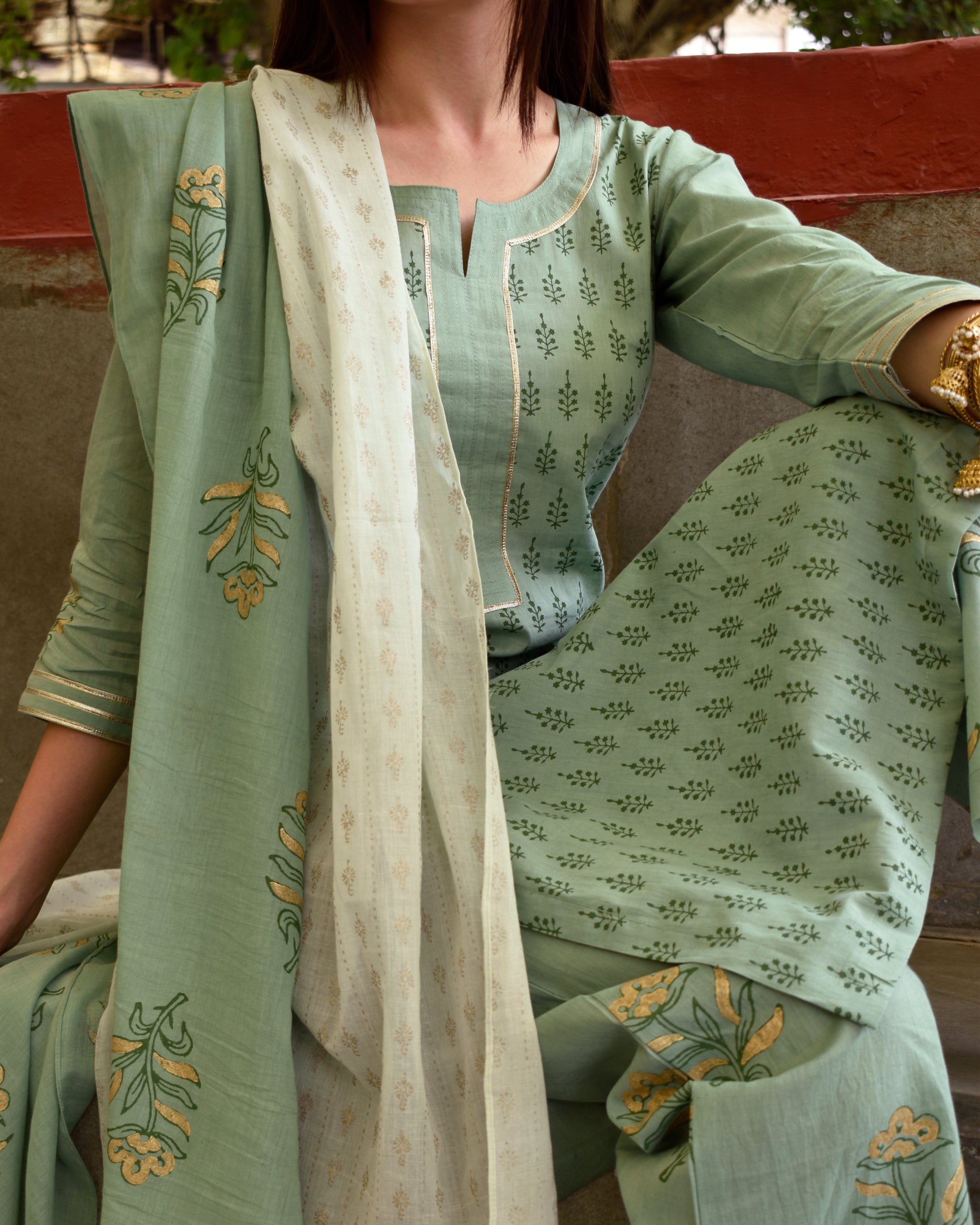 Mint green and sage block printed cotton set