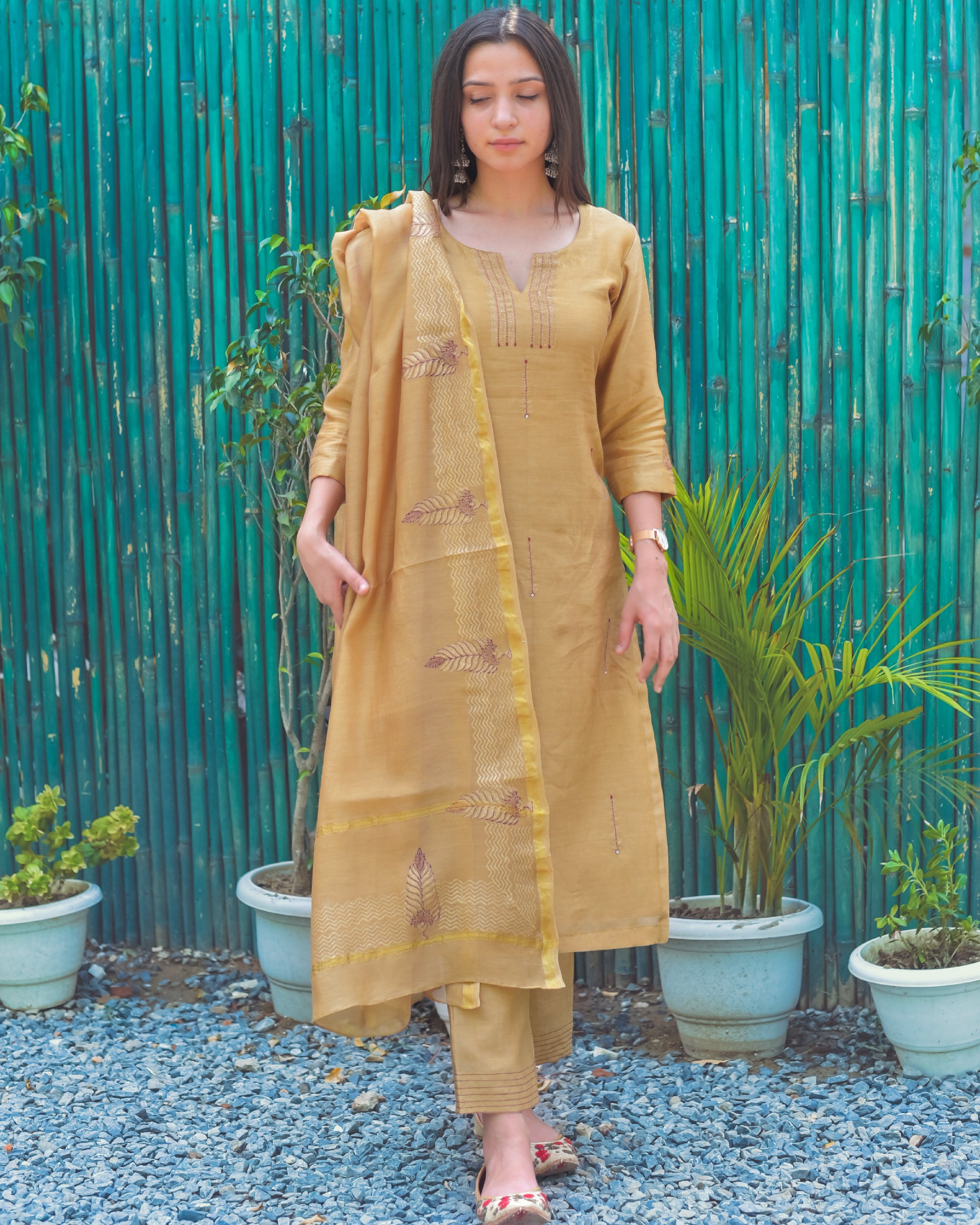 Apricot orange chanderi set