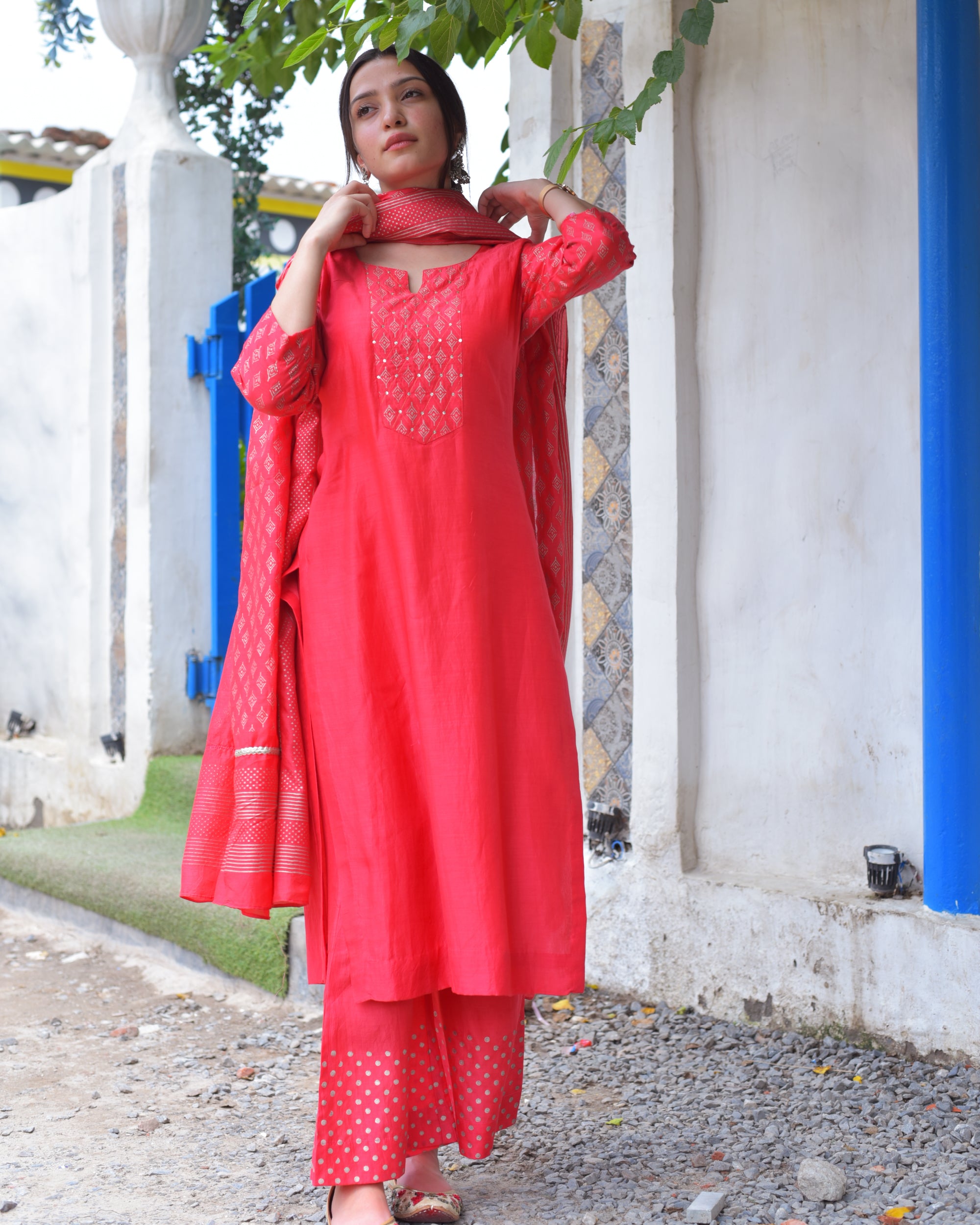 Candy red muslin silk set