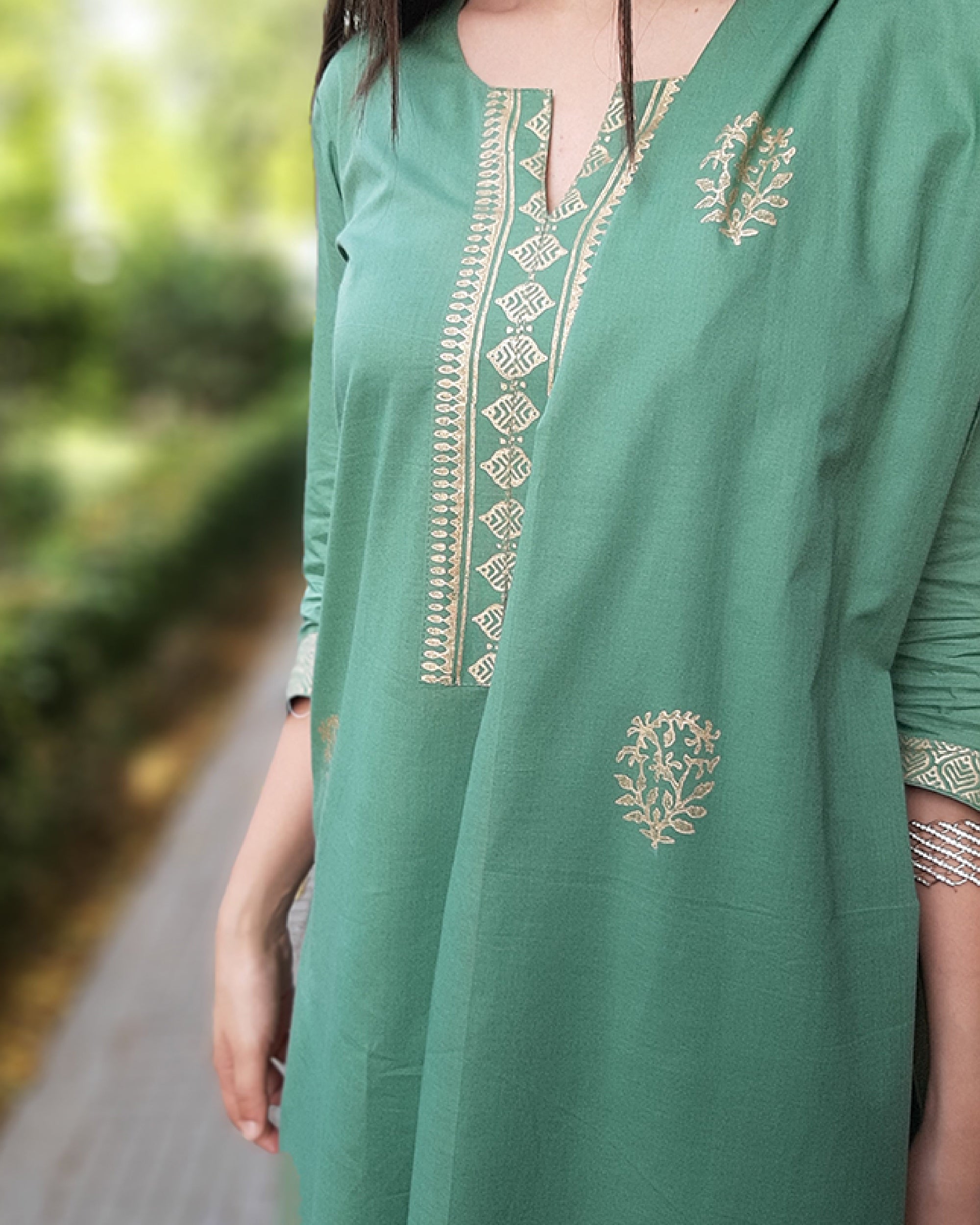 Green hand block printed cotton set