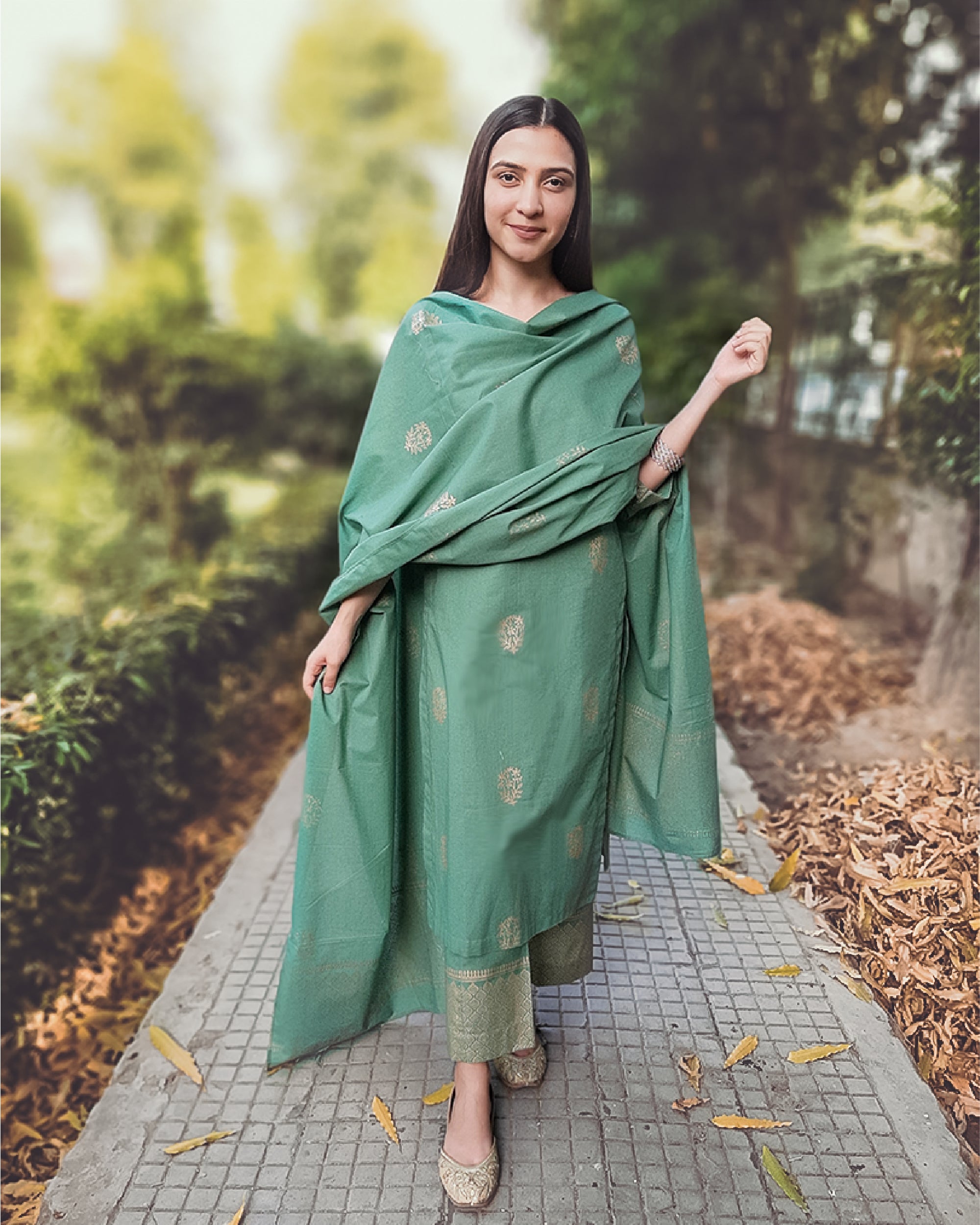 Green hand block printed cotton set