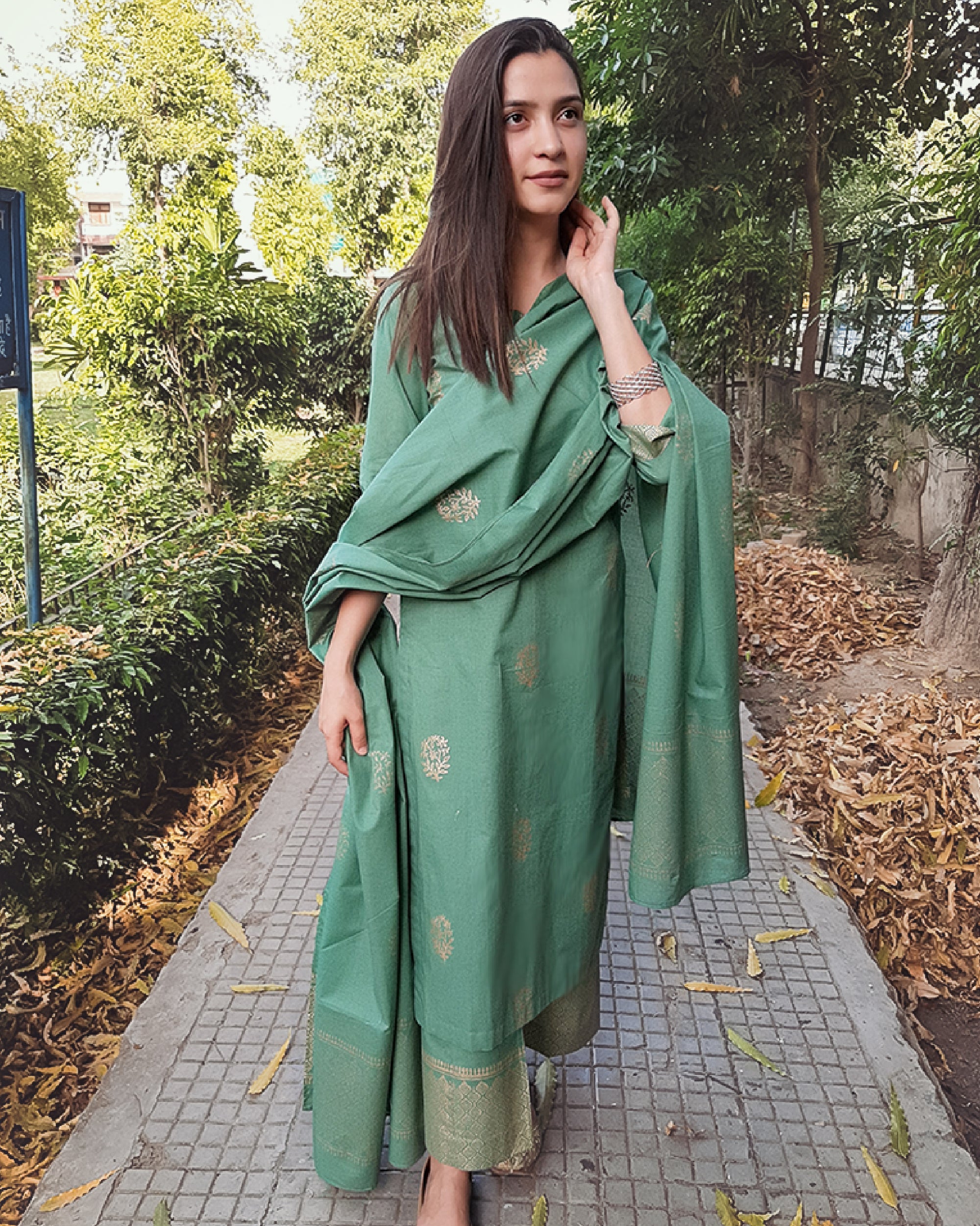 Green hand block printed cotton set