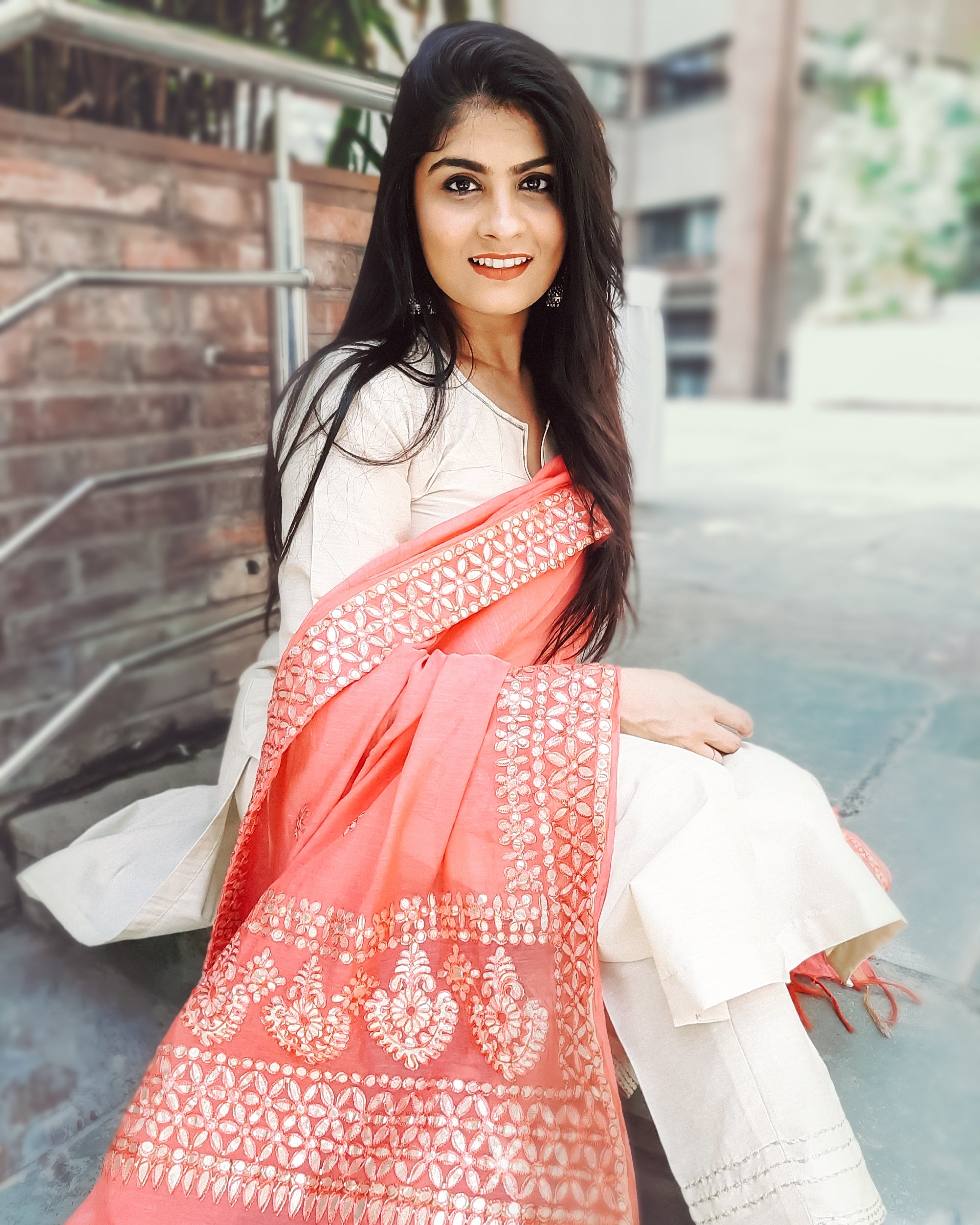 Beige machine embroidered chanderi set with a chanderi gota pati dupatta