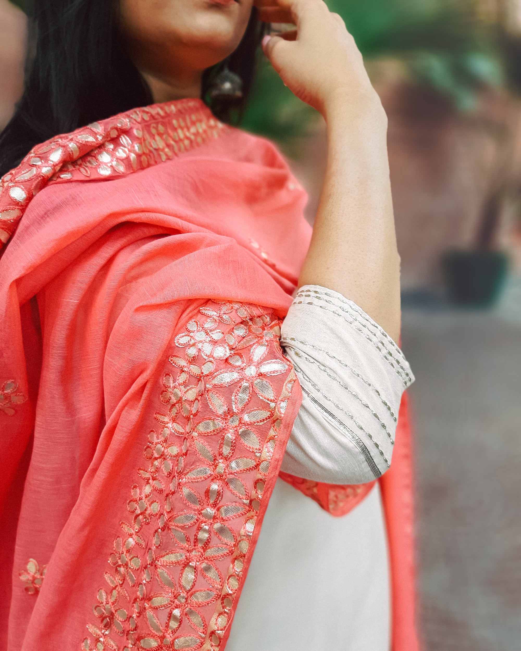Beige machine embroidered chanderi set with a chanderi gota pati dupatta
