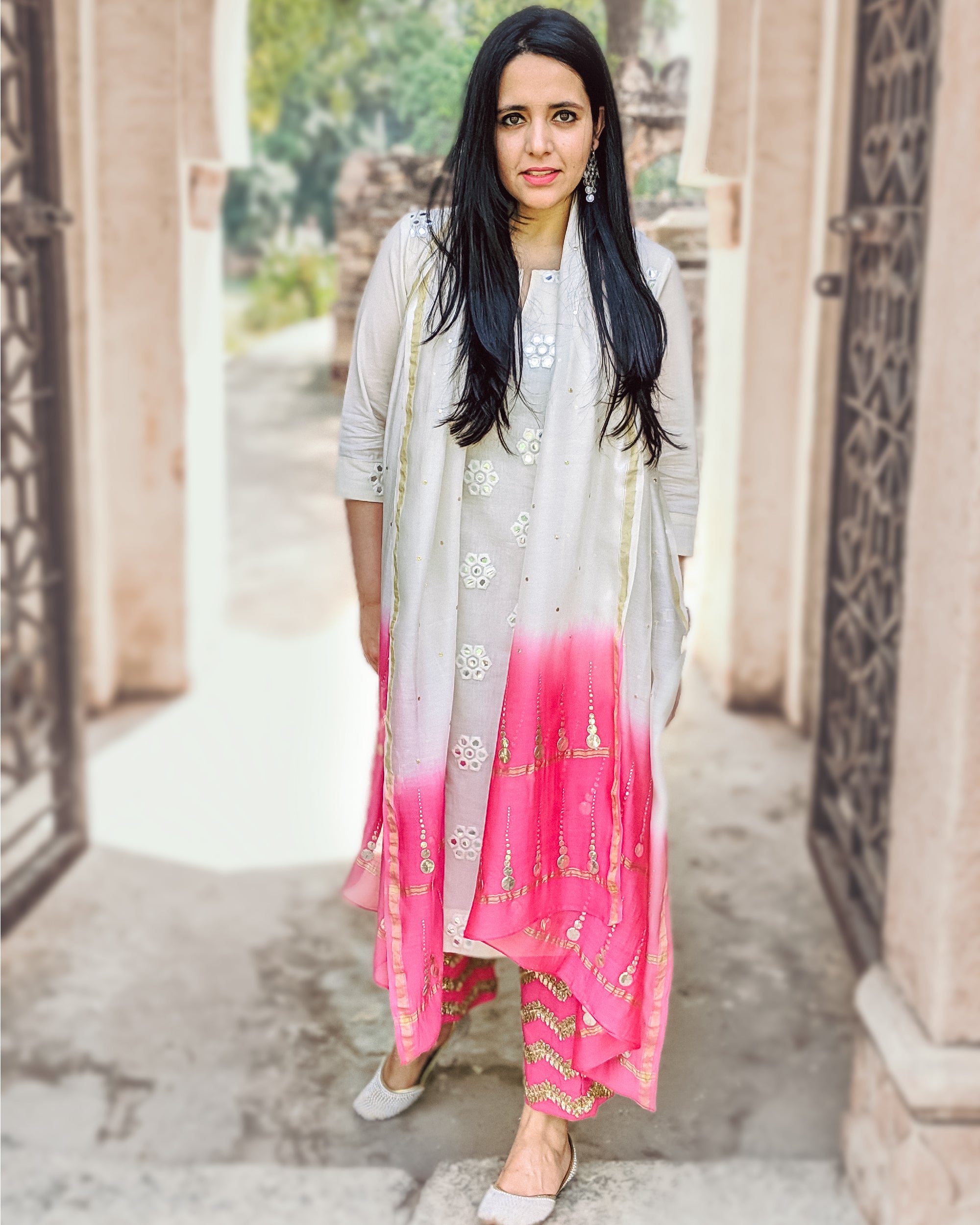 Off white and pink cotton set with dual shade mukeish work chanderi dupatta