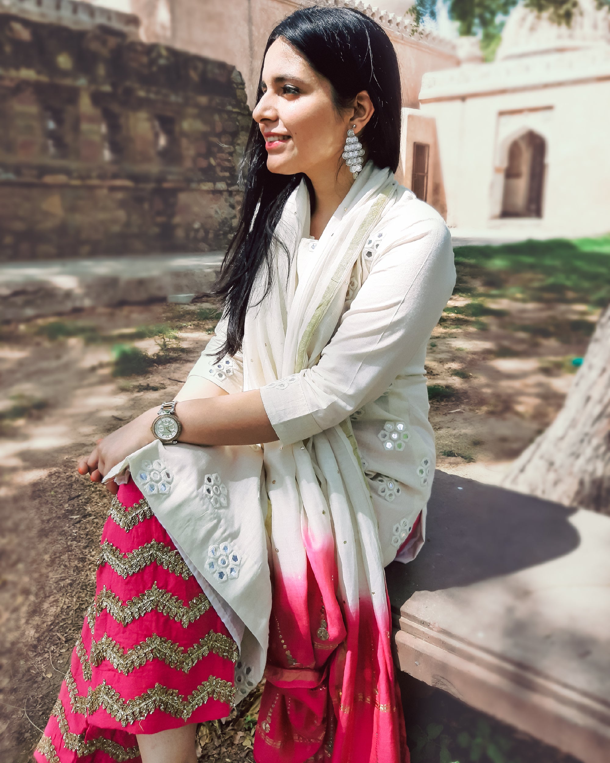 Off white and pink cotton set with dual shade mukeish work chanderi dupatta