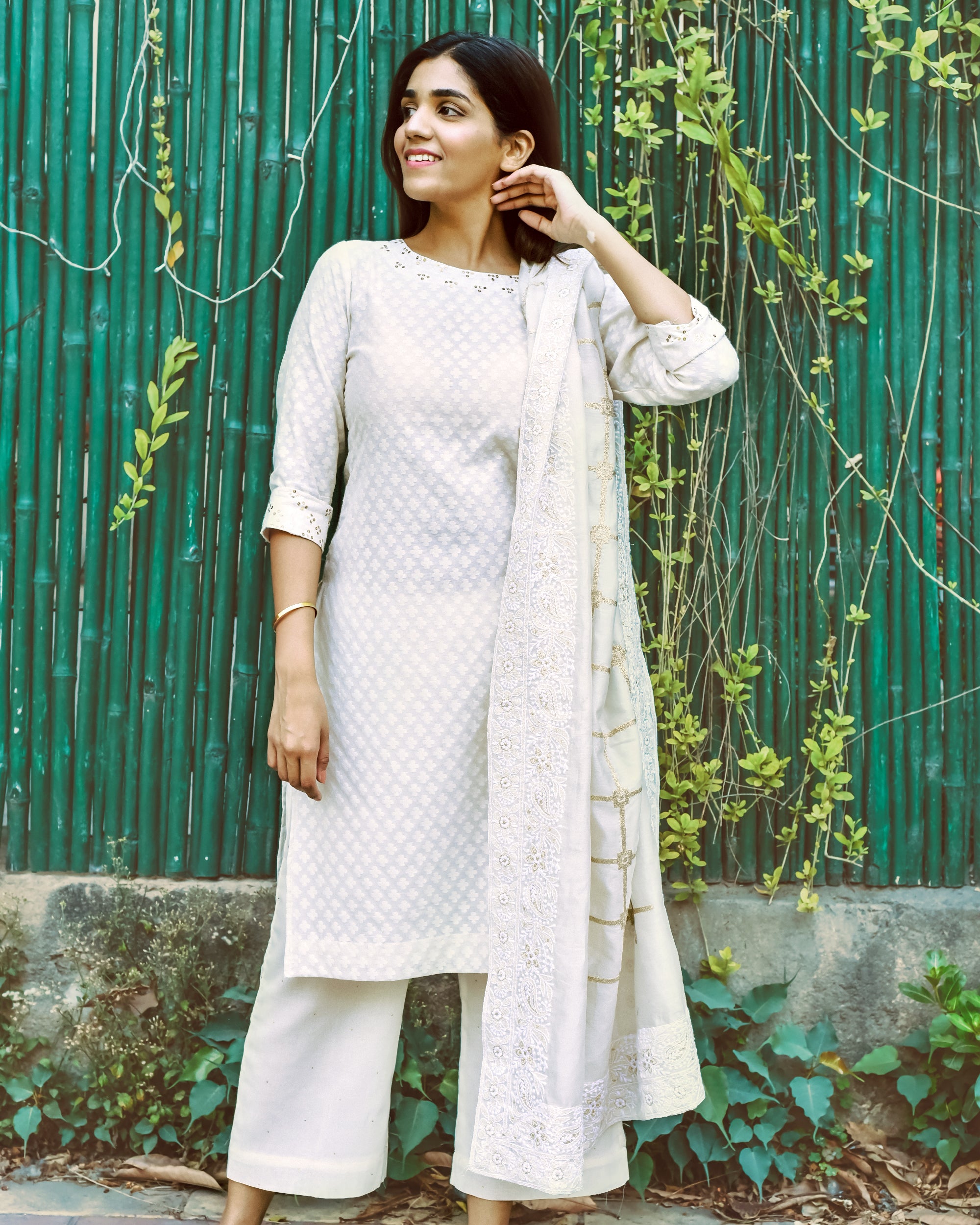 Off white handloom chanderi kurta set with embroidered chanderi dupatta