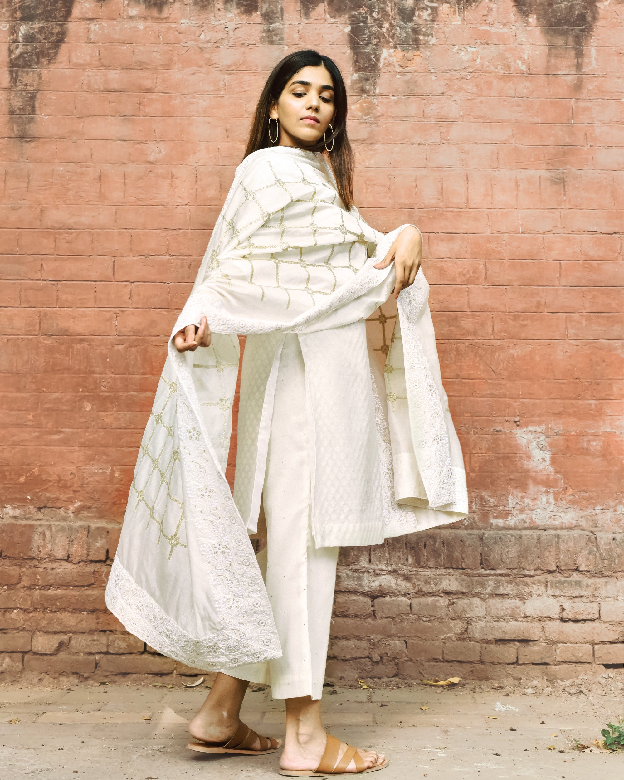 Off white handloom chanderi kurta set with embroidered chanderi dupatta