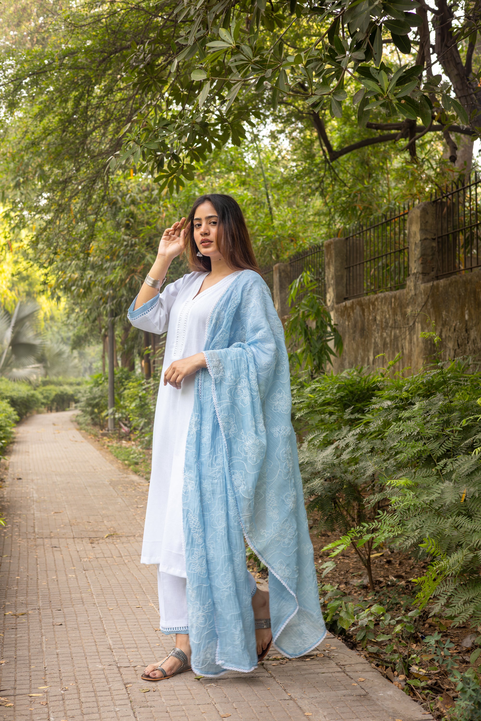 White Cotton Kurta Set with Lace Detailing and Blue Embroidered Chanderi Dupatta