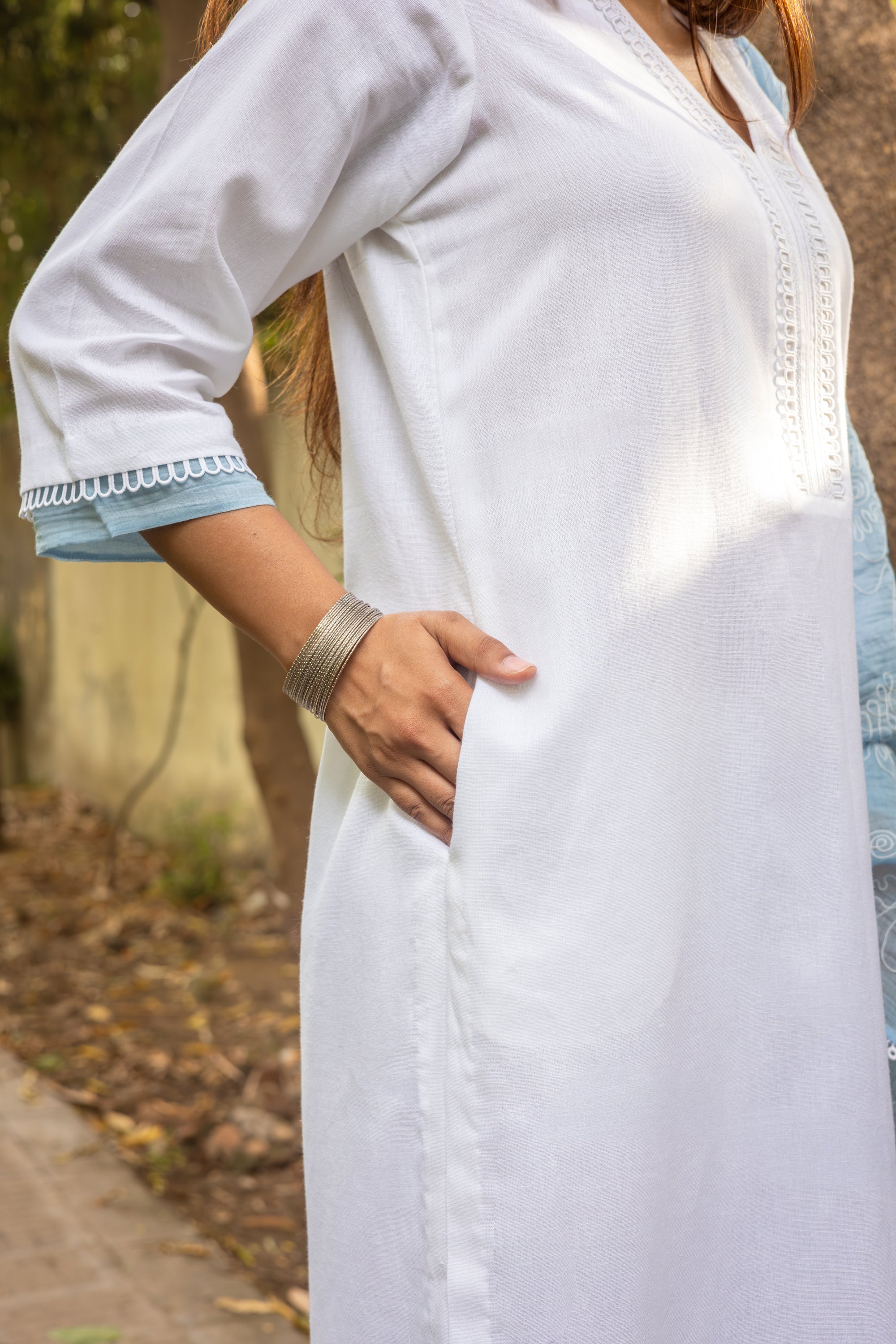 White Cotton Kurta Set with Lace Detailing and Blue Embroidered Chanderi Dupatta