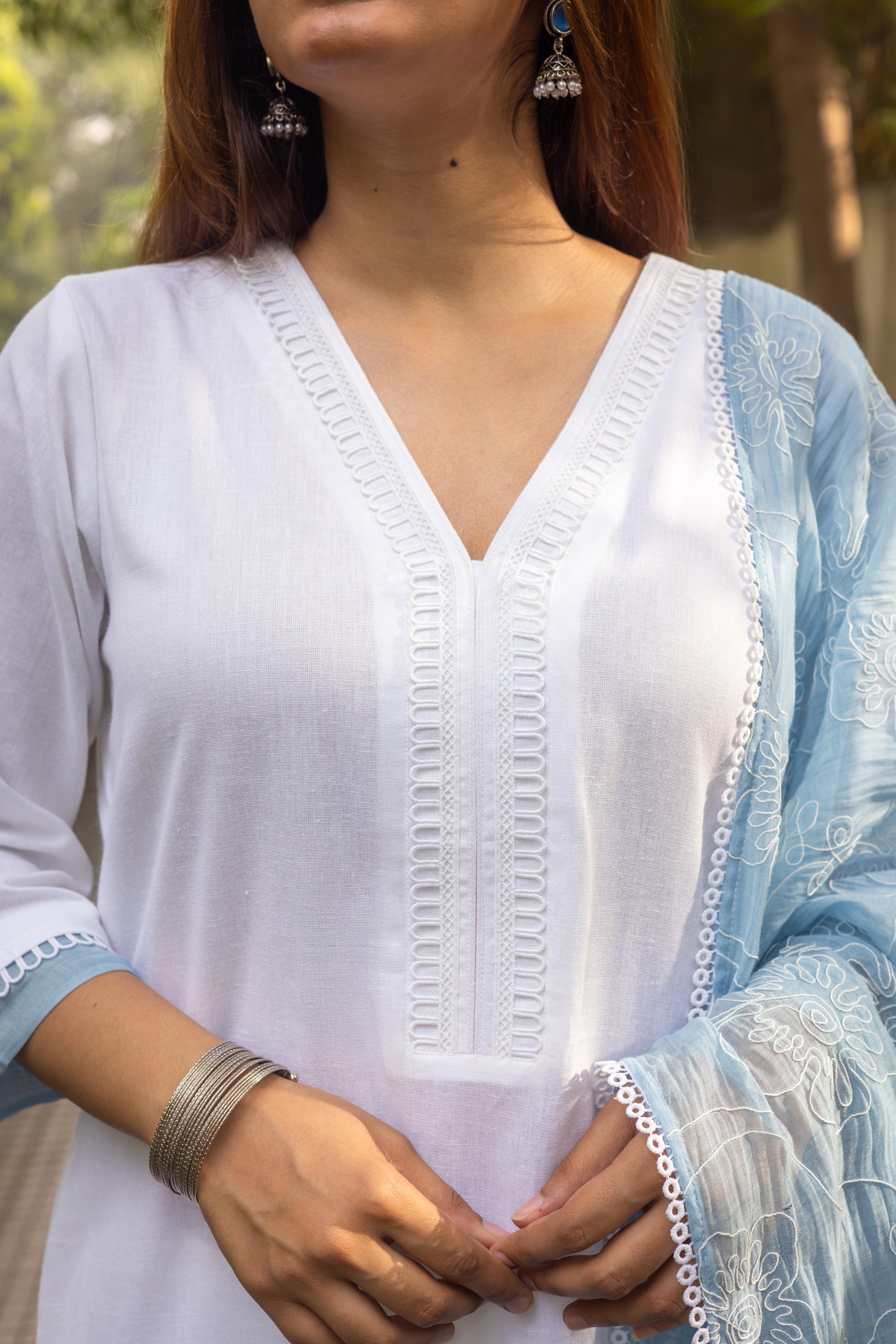 White Cotton Kurta Set with Lace Detailing and Blue Embroidered Chanderi Dupatta