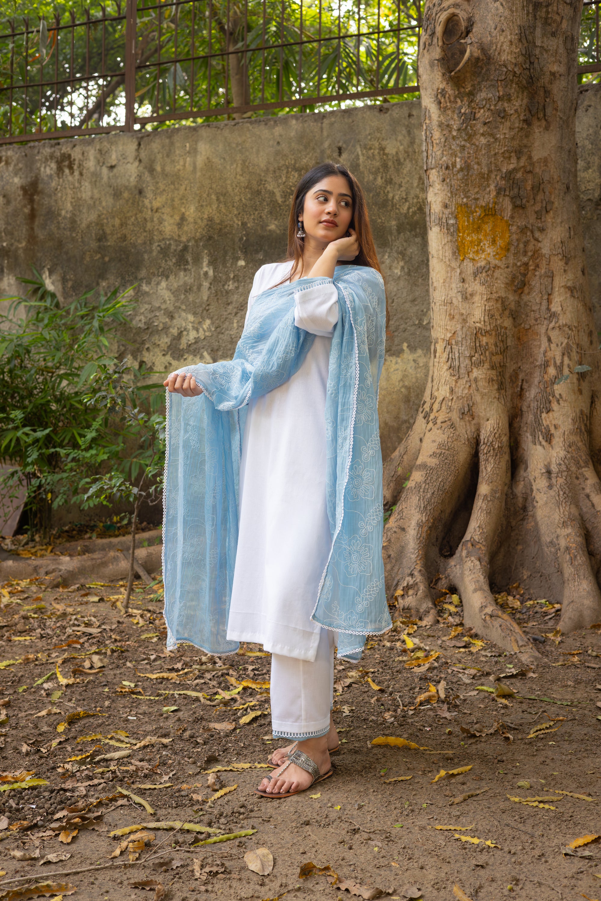 White Cotton Kurta Set with Lace Detailing and Blue Embroidered Chanderi Dupatta