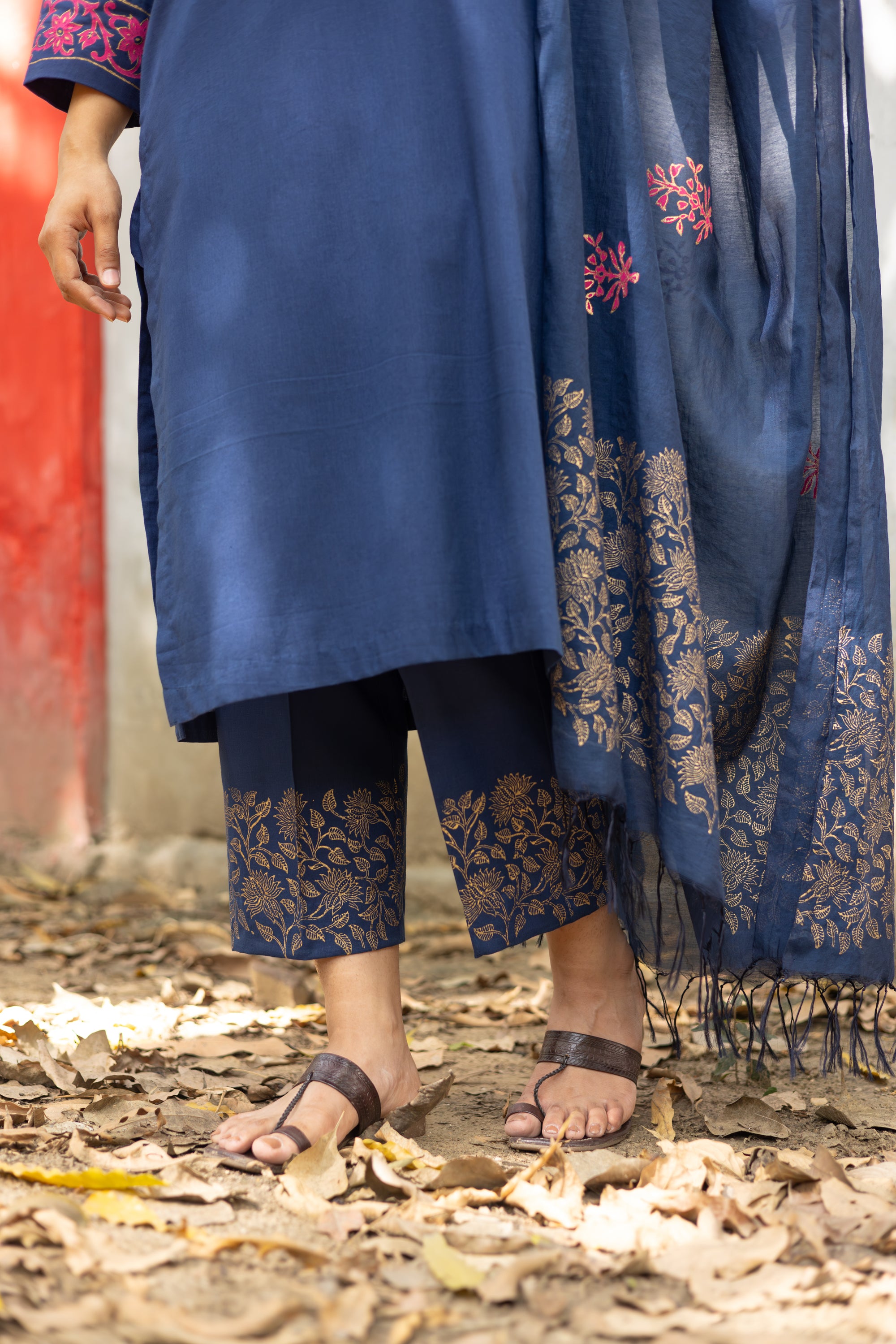 Indigo Breeze Hand Block Printed Cotton Set with Chanderi Dupatta