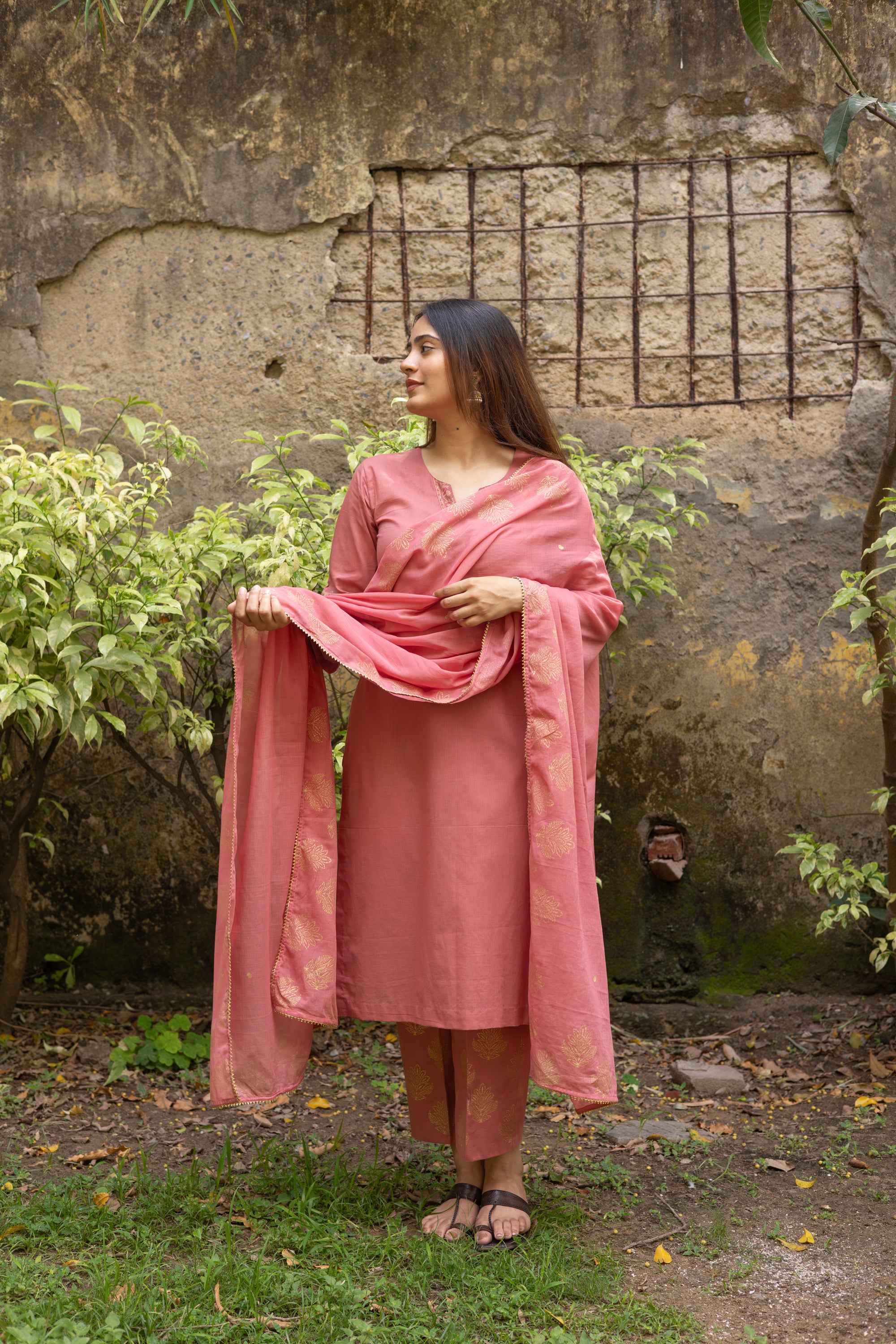 Dusty rose pink block printed cotton set