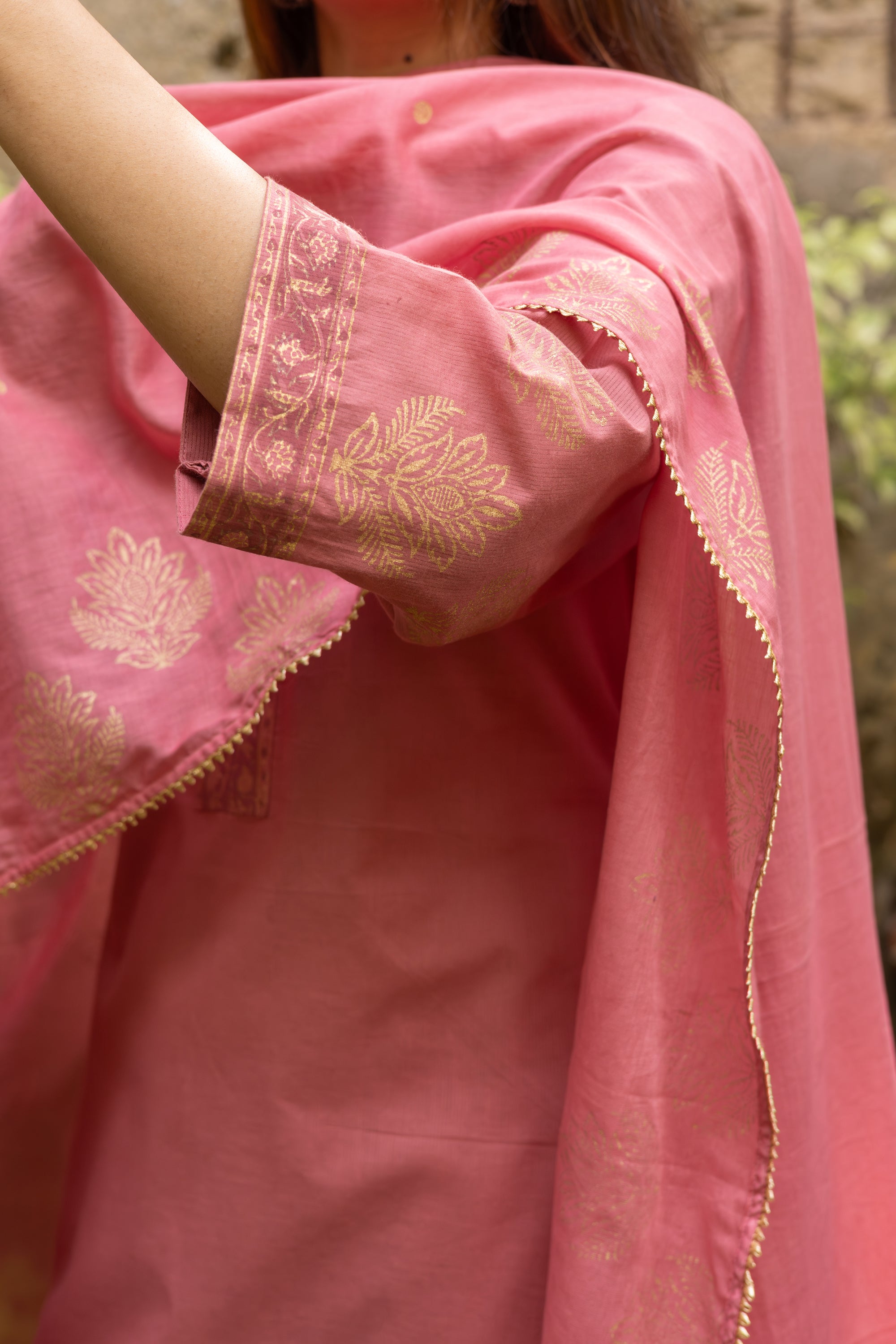 Dusty rose pink block printed cotton set